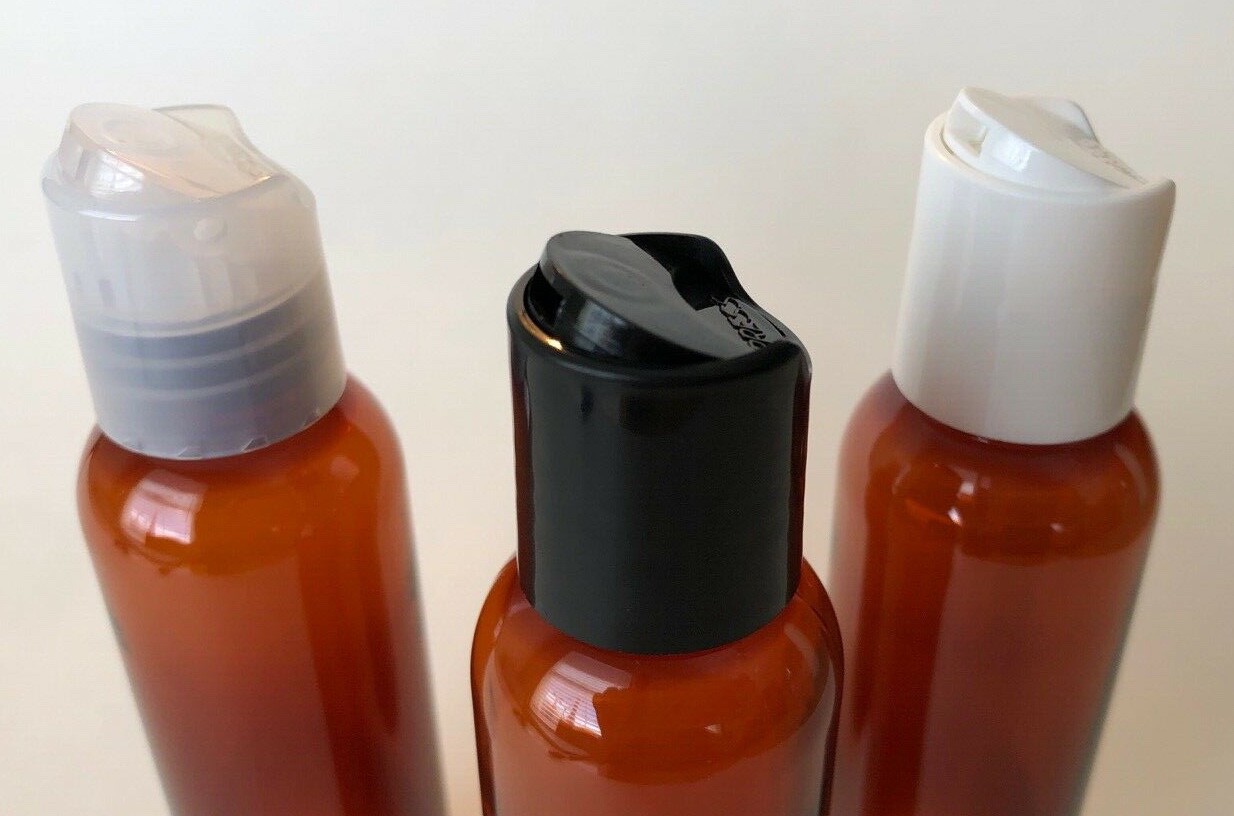 NEW 2 oz PET Plastic 20/410 Amber Round Bullet Bottle – choose cap & qty