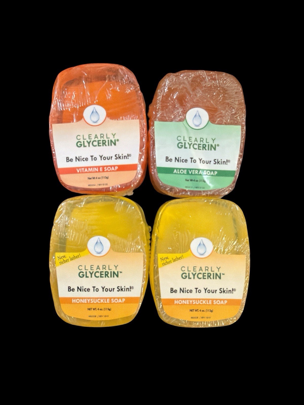 Lot Of 4 Clearly Glycerin Body Bar Soap Set 4oz Aloe Vera Vitamin E Honeysuckle