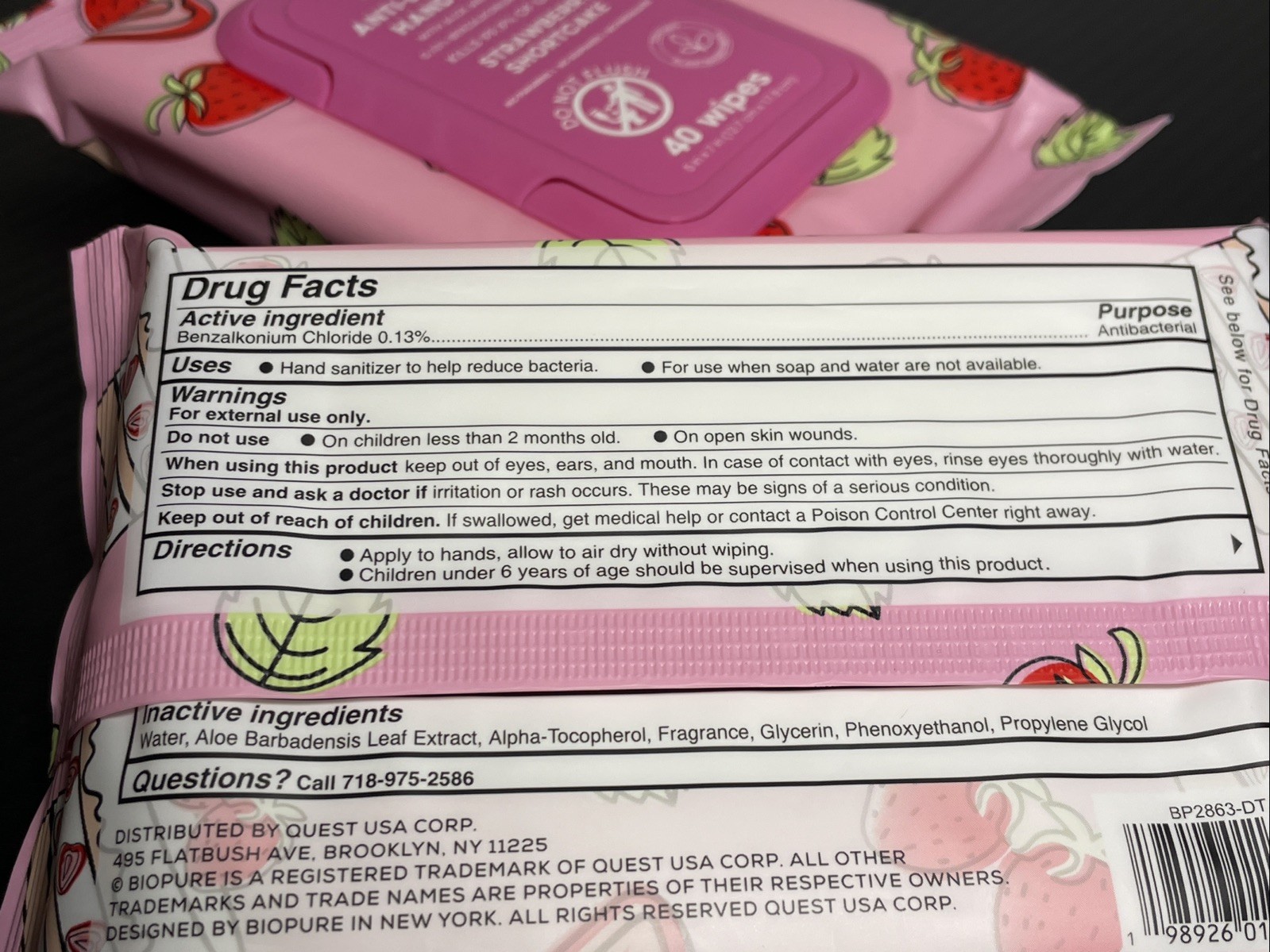 Lot Of 2 Biopure 80 Total Anti-Bacterial Hand Wipes Strawberry Shortcake New