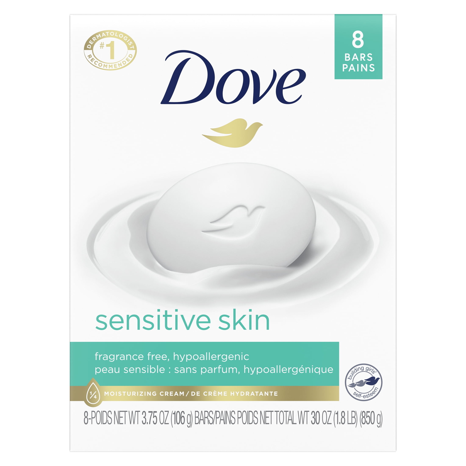 Dove Sensitive Skin Gentle Beauty Bar Soap Unscented 3.75 oz (8 Bars)