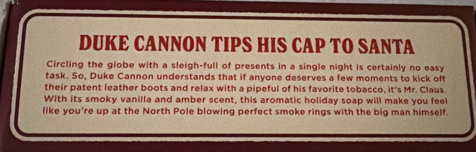 Duke Cannon Holiday Santa’s Pipe Smoke Tobacco Amber Scent Bar Soap 10 oz