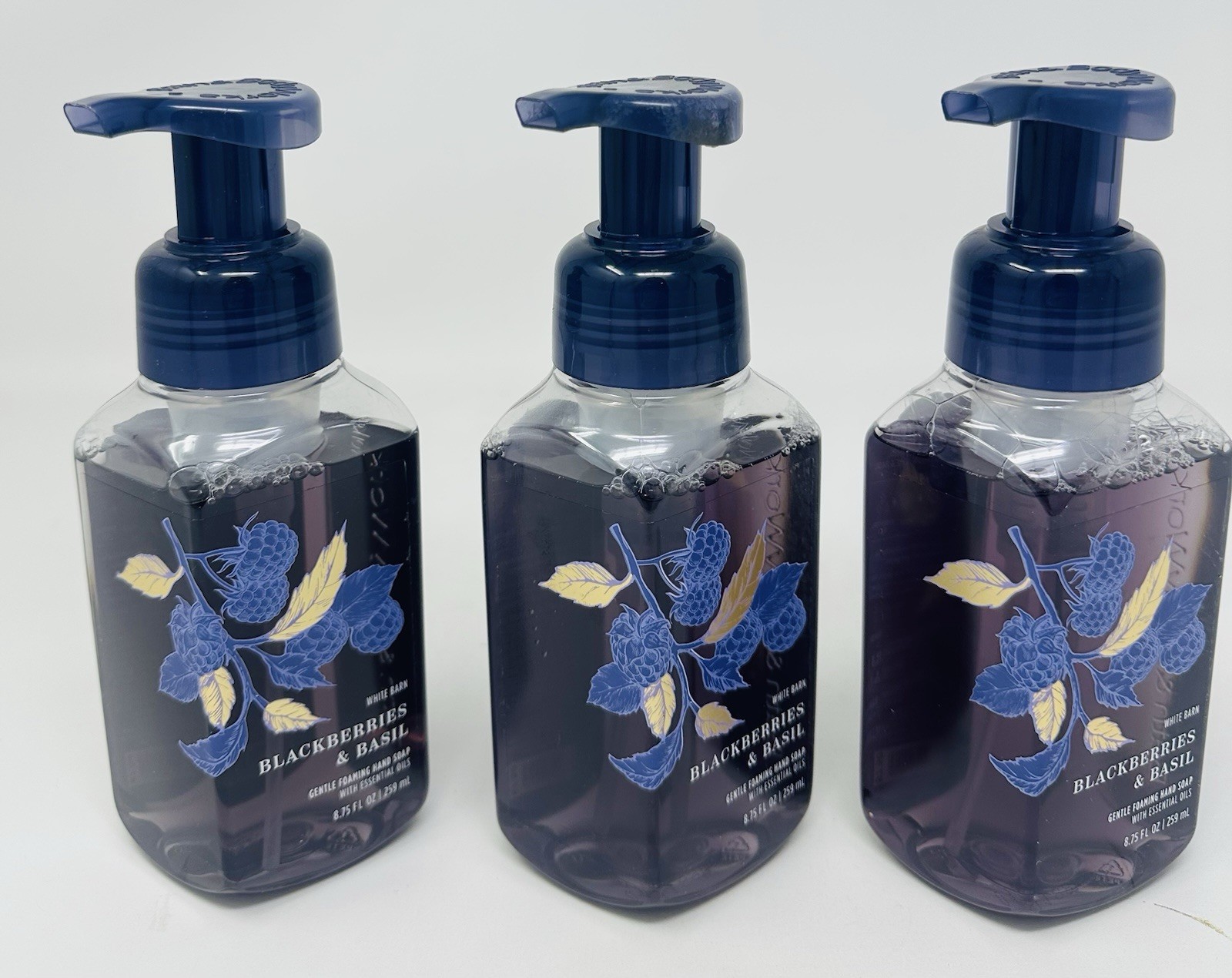 3 BATH & BODY WORKS WHITE BARN BLACKBERRIES BASIL GENTLE FOAMING HAND WASH SOAP