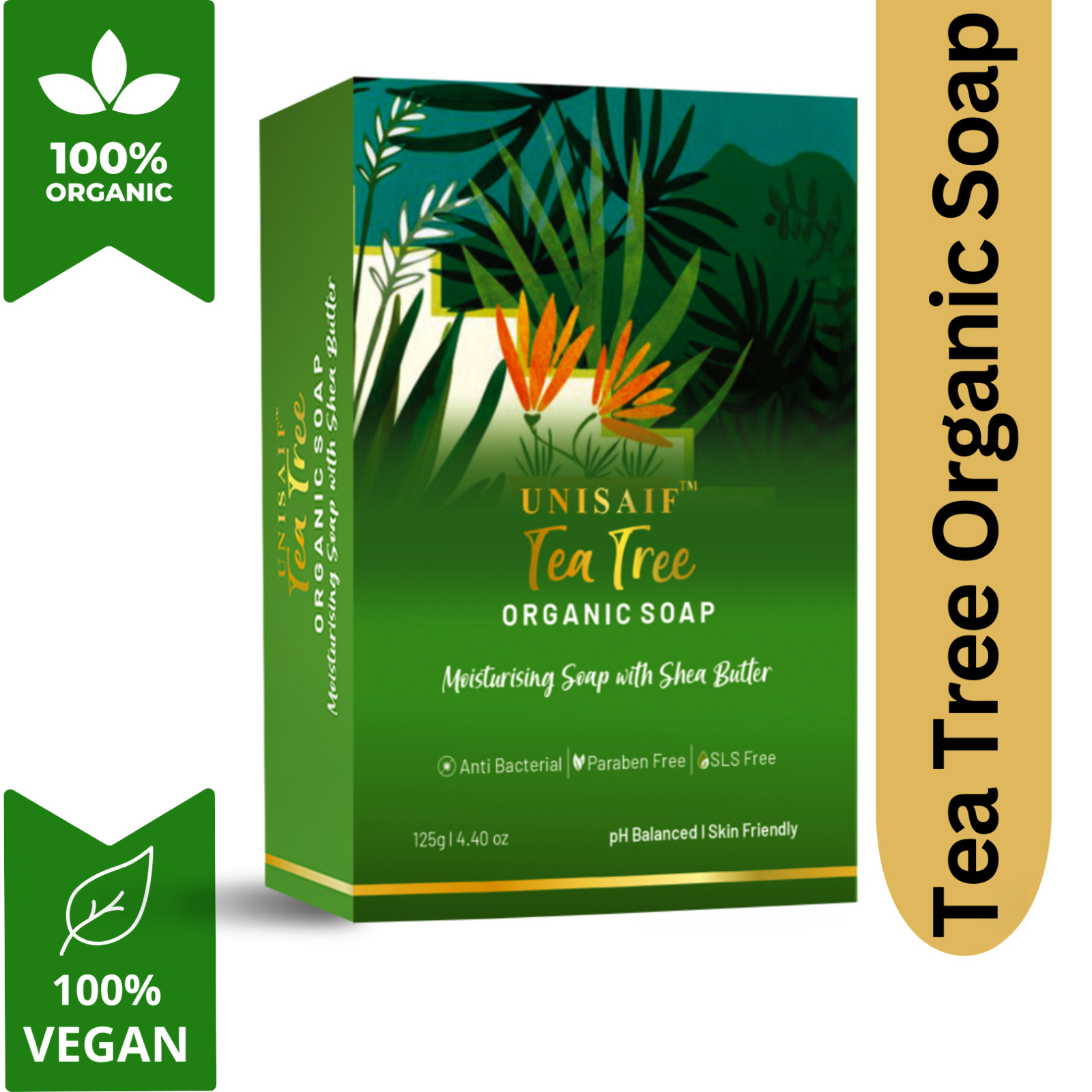 Unisaif Tea Tree Organic Body Soap Bar, Natural Moisturizing With Shea Butter