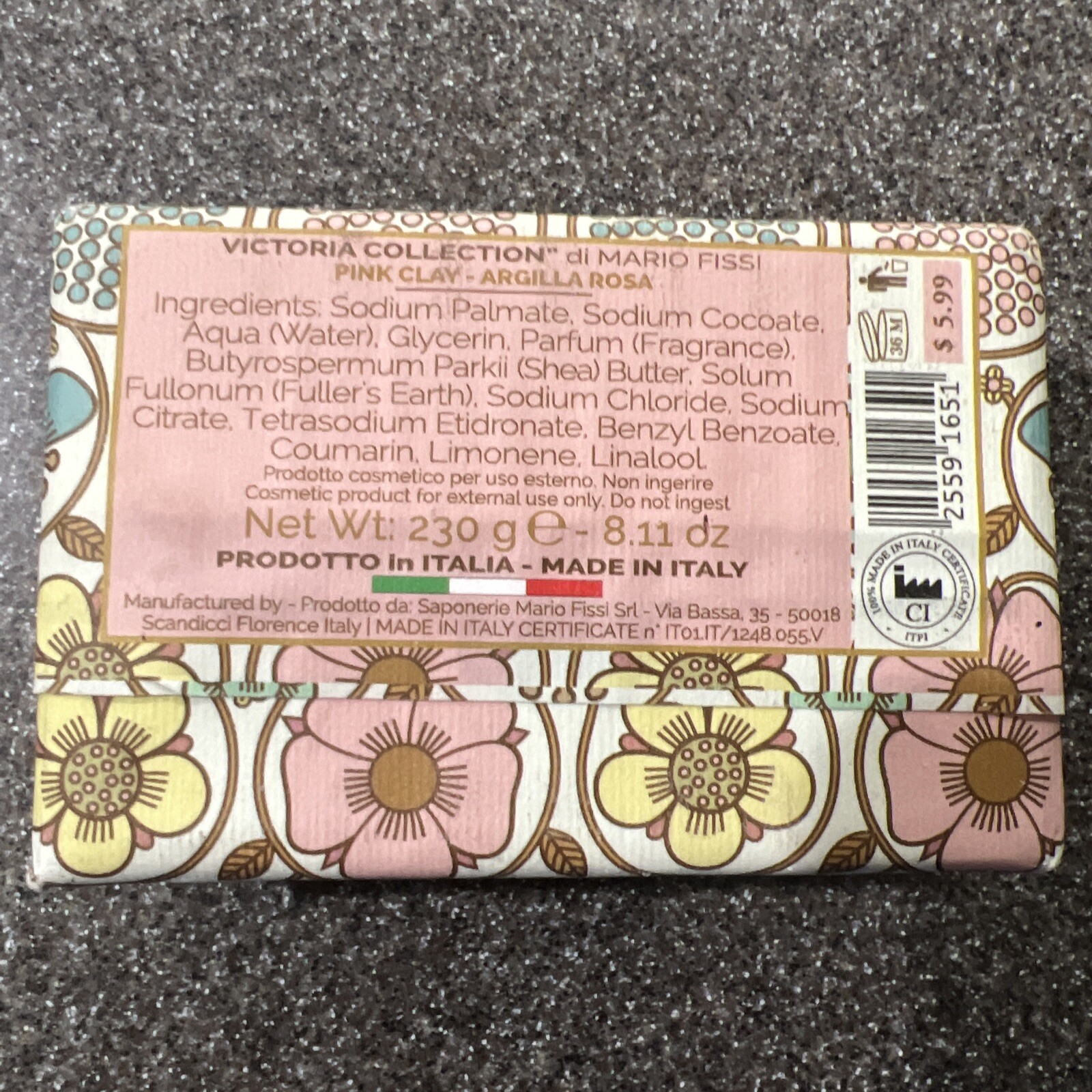 Victoria Coll., Mario Fissi, Fragrance Pink Clay Argilla Rosa Soap Bar 8.11 oz