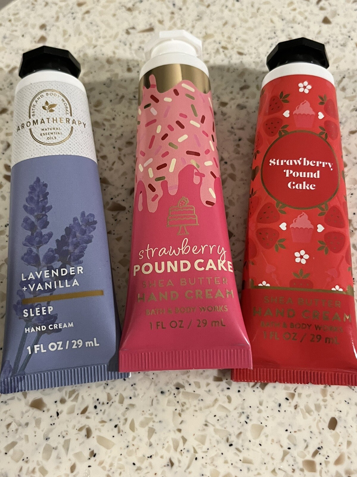 Bath & Body Works 2 strawberry pound cake & 1 lavender vanilla hand Cream 1 Oz