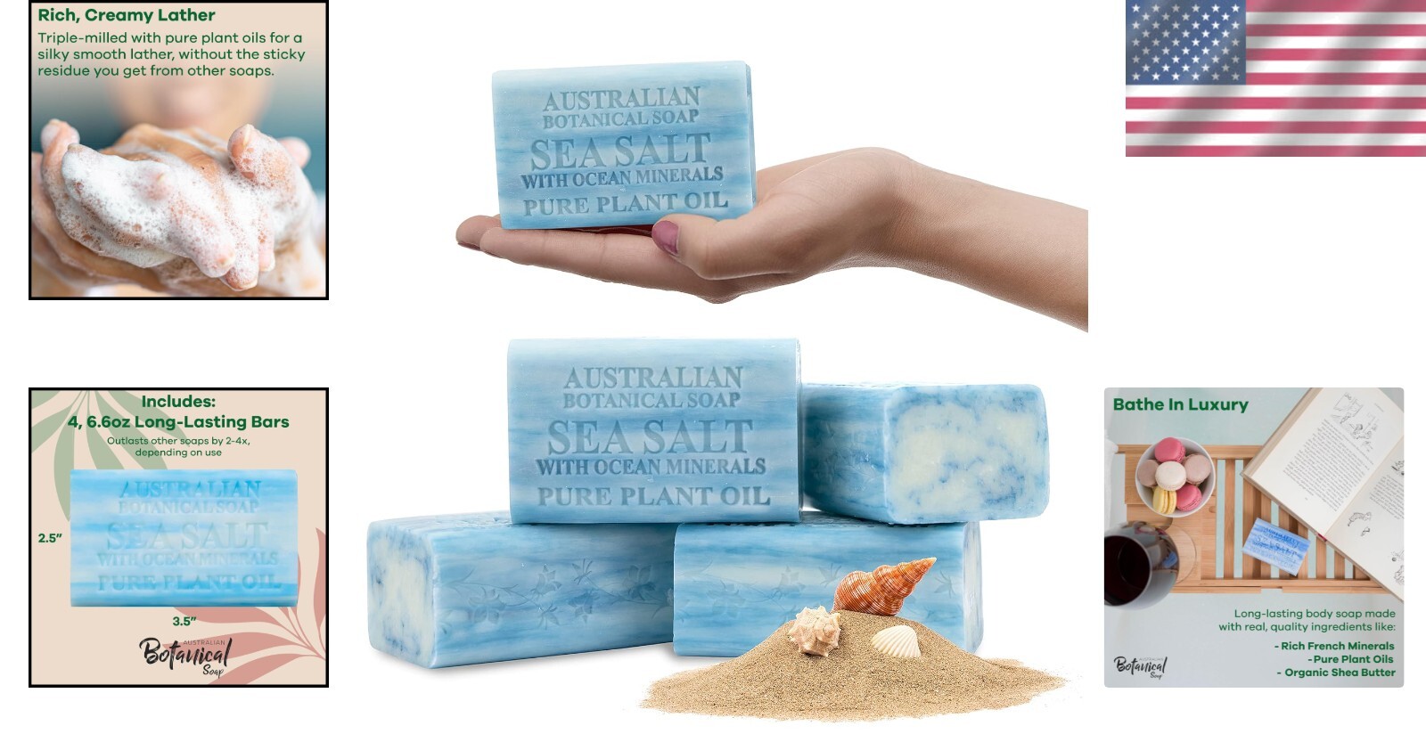Tranquil Beach Scent Luxury Soap – 6.6 oz Sea Salt Bars with Shea Butter, 4 Pack