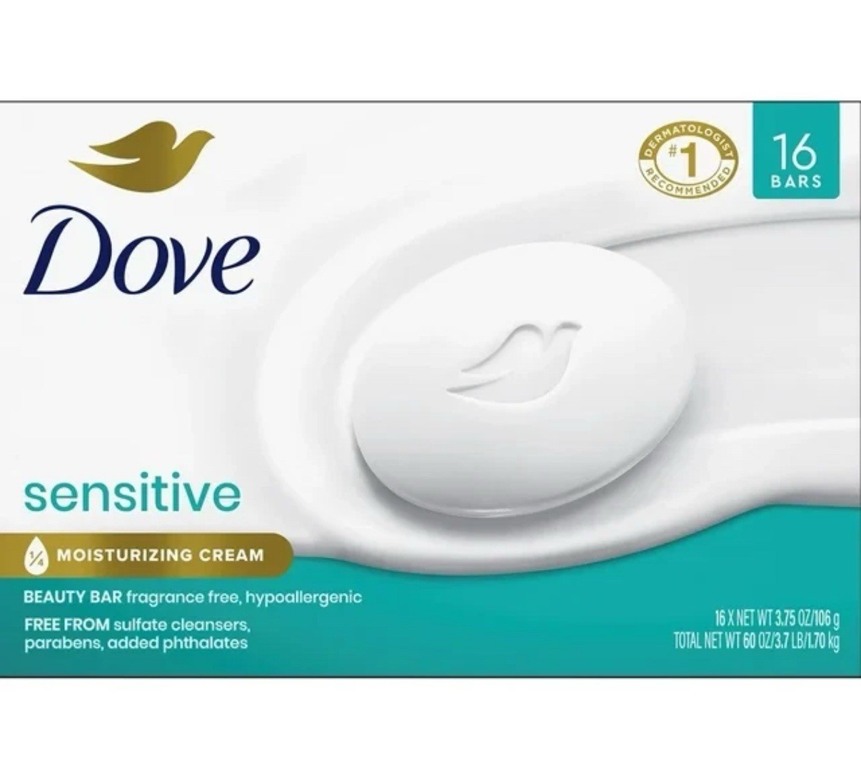 Dove Beauty Bar Sensitive 1/4 Moisturizing Cream Soap 3.75 oz – 16 Bars