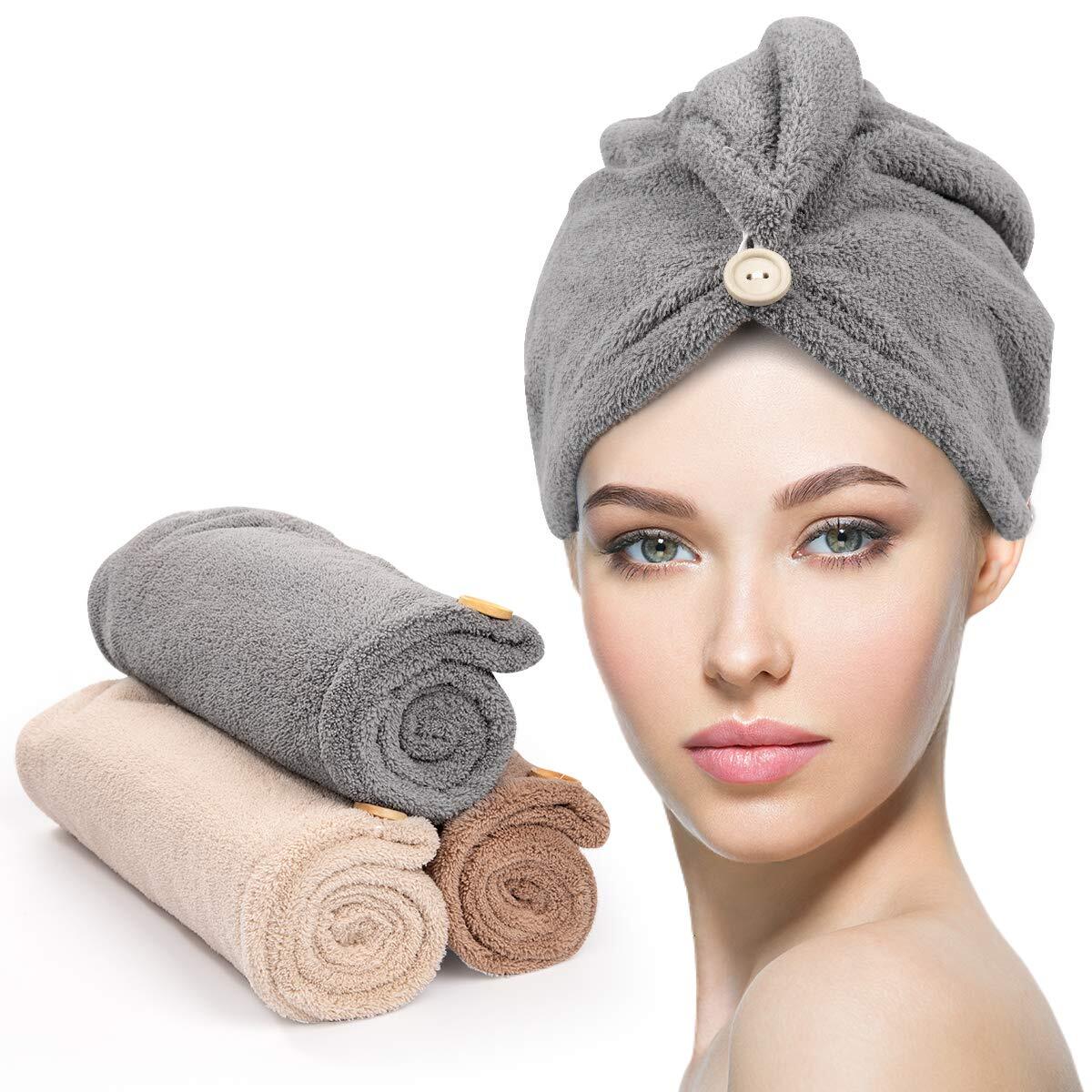 YFONG Microfiber Hair Towel 3 Pack, with Gray, Camel, Brown