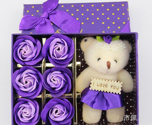 Romantic 6Pcs Scented Soap Rose Flower Petal With i love you bear Valentine Gift
