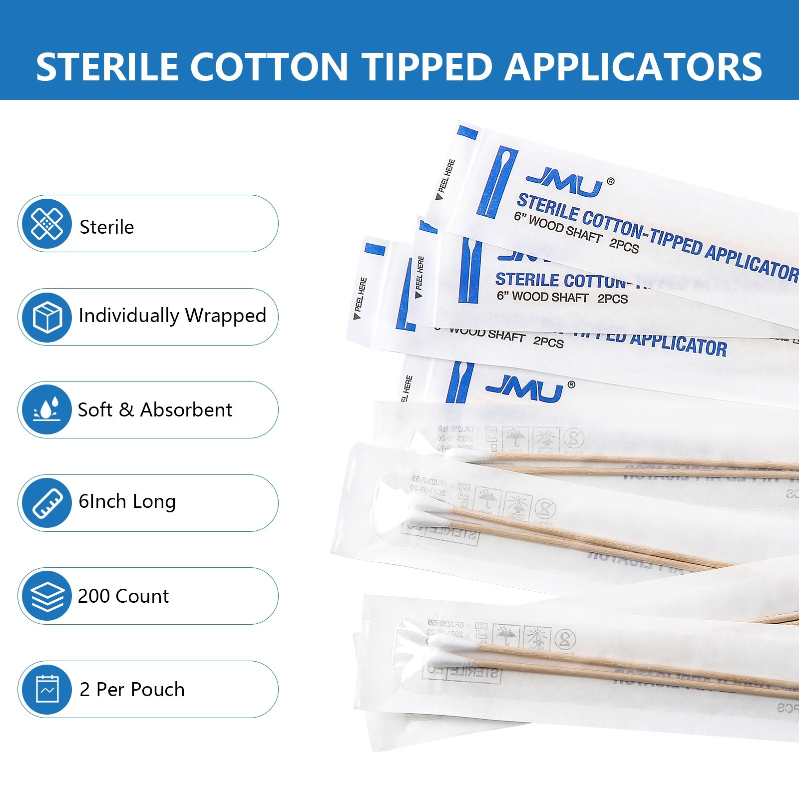 200pcs Sterile Cotton Swab Tipped Applicator, 6” Dental Medical Makeup