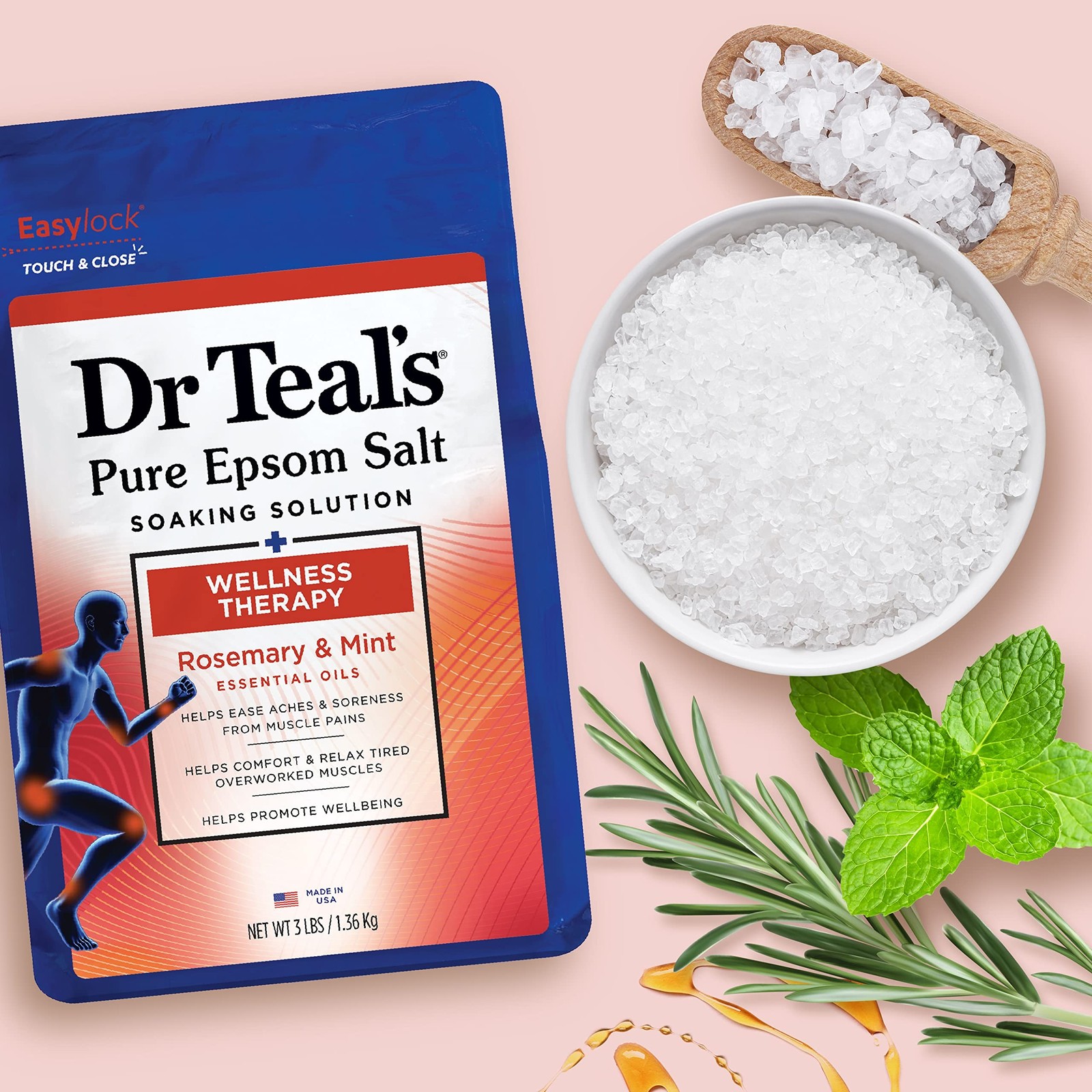 Dr Teal’s Pure Epsom Salt Soak, Wellness Therapy with Rosemary & Mint, 3 lbs …