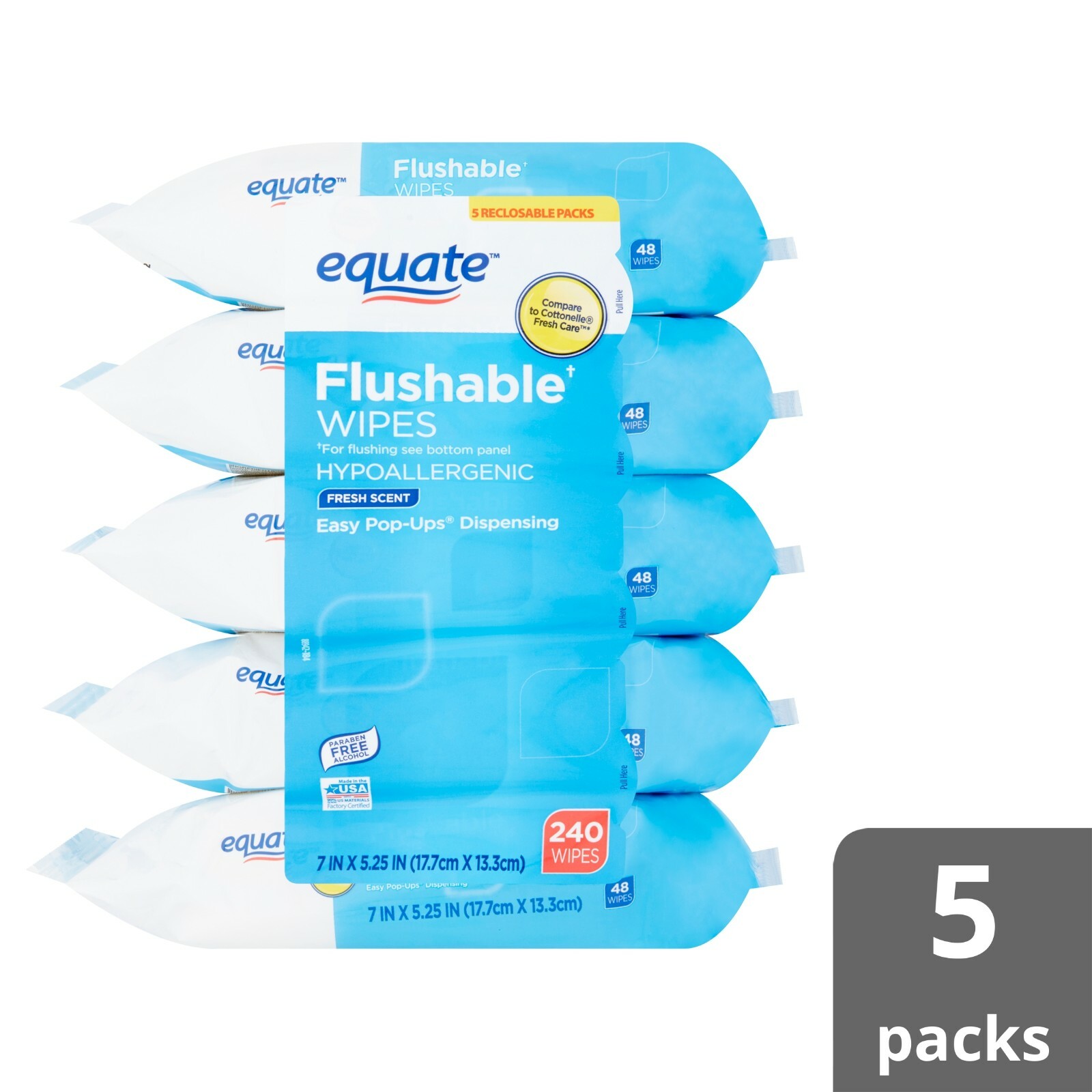 Equate Flushable Wipes, Fresh Scent, 5 packs of 48 wipes, 240 wipes *FAST SHIP