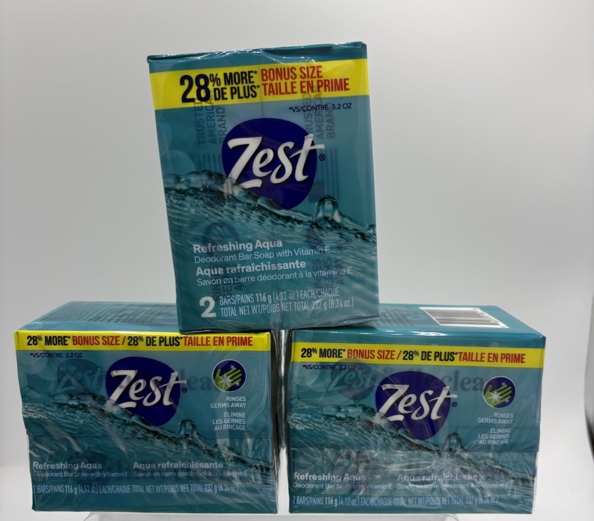 Zest Bath Bars 4.12oz 3) 2 Count Pack Refreshing Aqua Scent Bonus Size 6 Bars