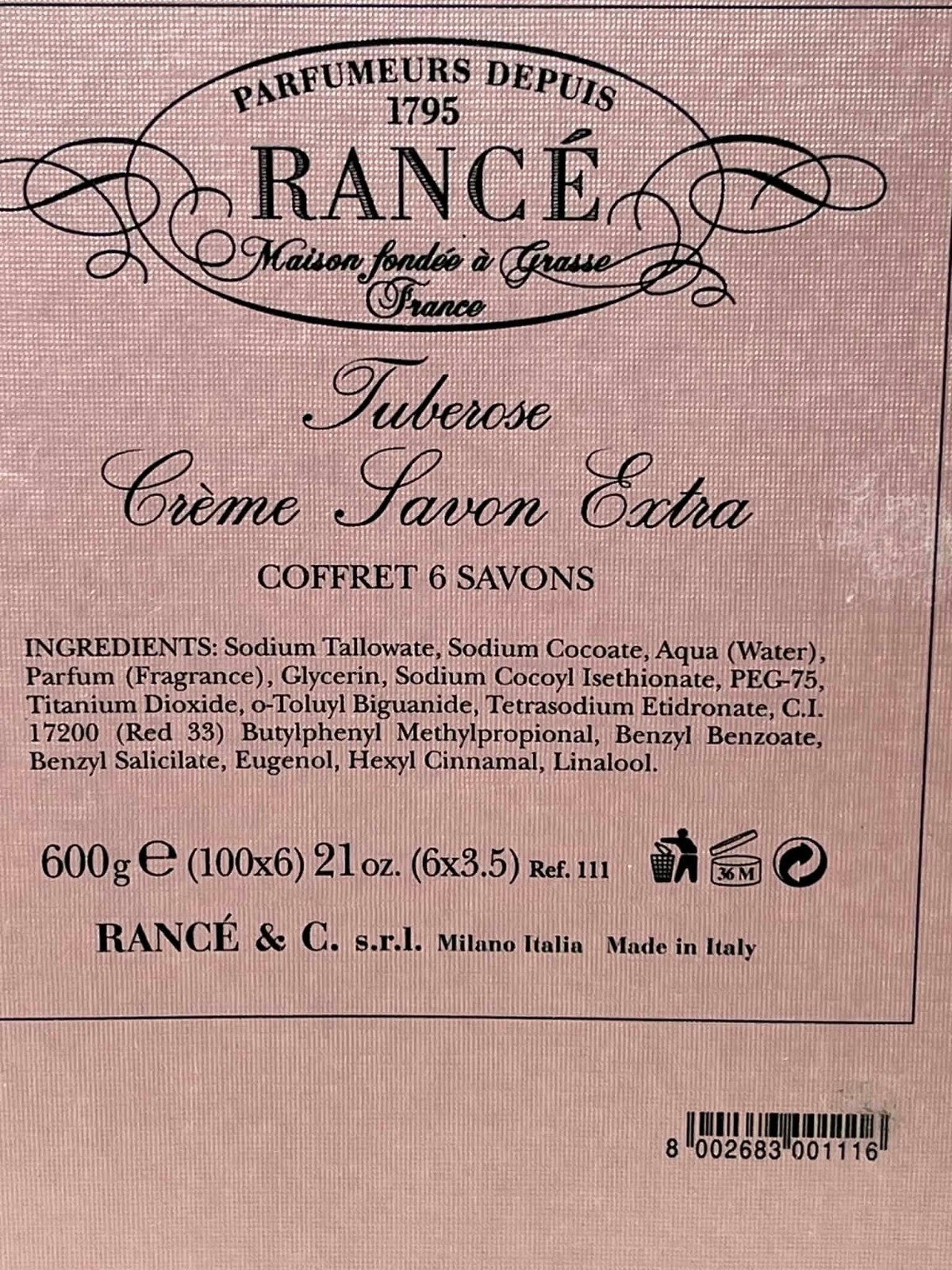 Rance 1795 Creme Savon Extra Tuberose Bar Soap Box Set 21 oz (6×3.5 oz) Italy