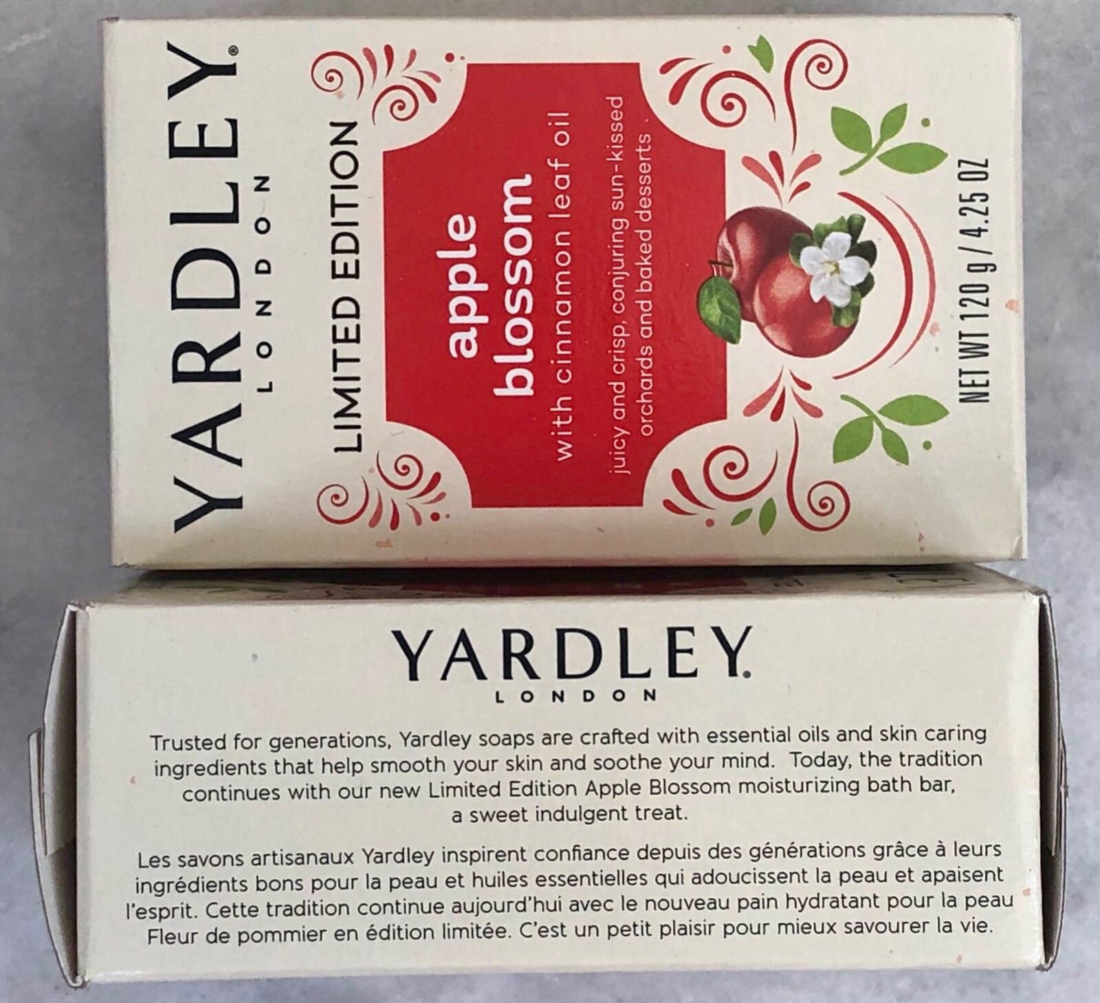 Yardley London APPLE BLOSSOM Soaps, Lot of 8, 4.25 oz each, Cinnamon Leaf Oil