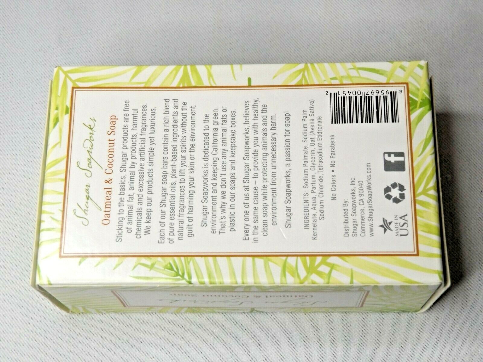 USA MADE Shugar Soapworks 6.25oz Oatmeal and Coconut Vegan Soap Bar NIB