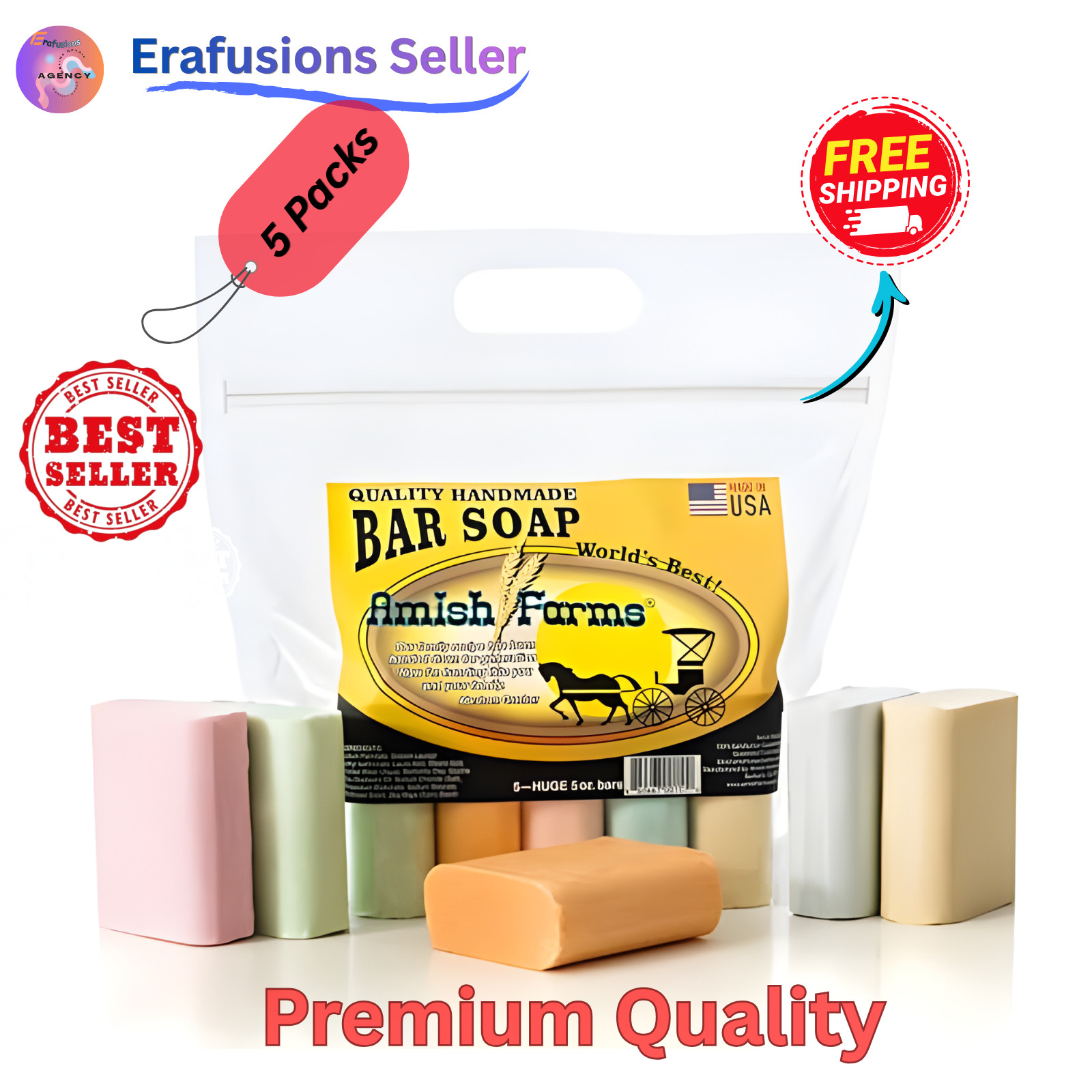 Amish Farms Handmade Natural Soap 5 Pack Moisturizing Cold Process Body Face Bar