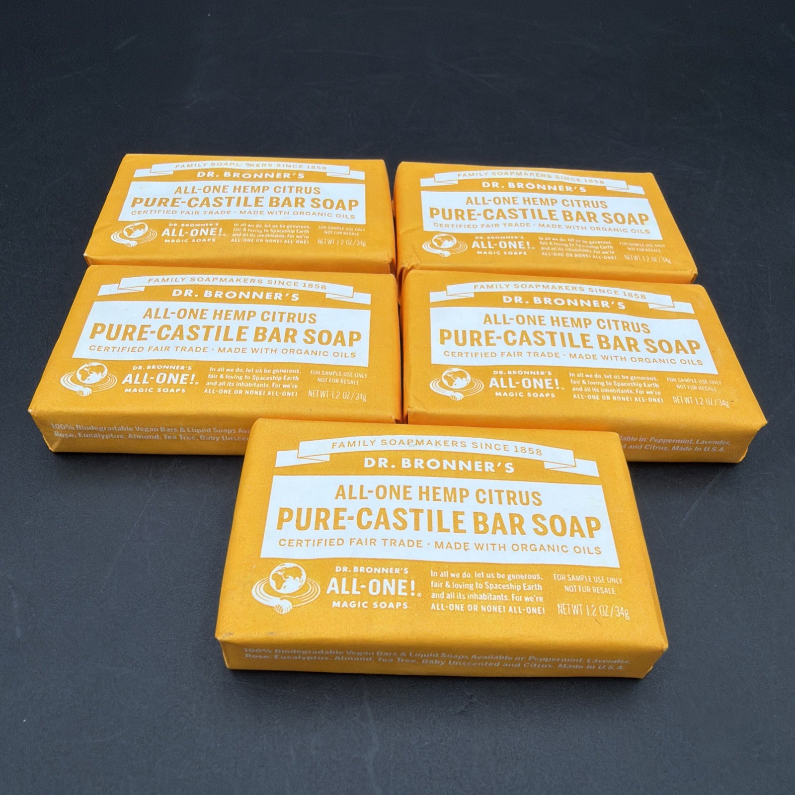 5x Dr Bronner’s All-One Hemp CITRUS Pure Castile Bar Soap NEW Travel Size 1.2 oz