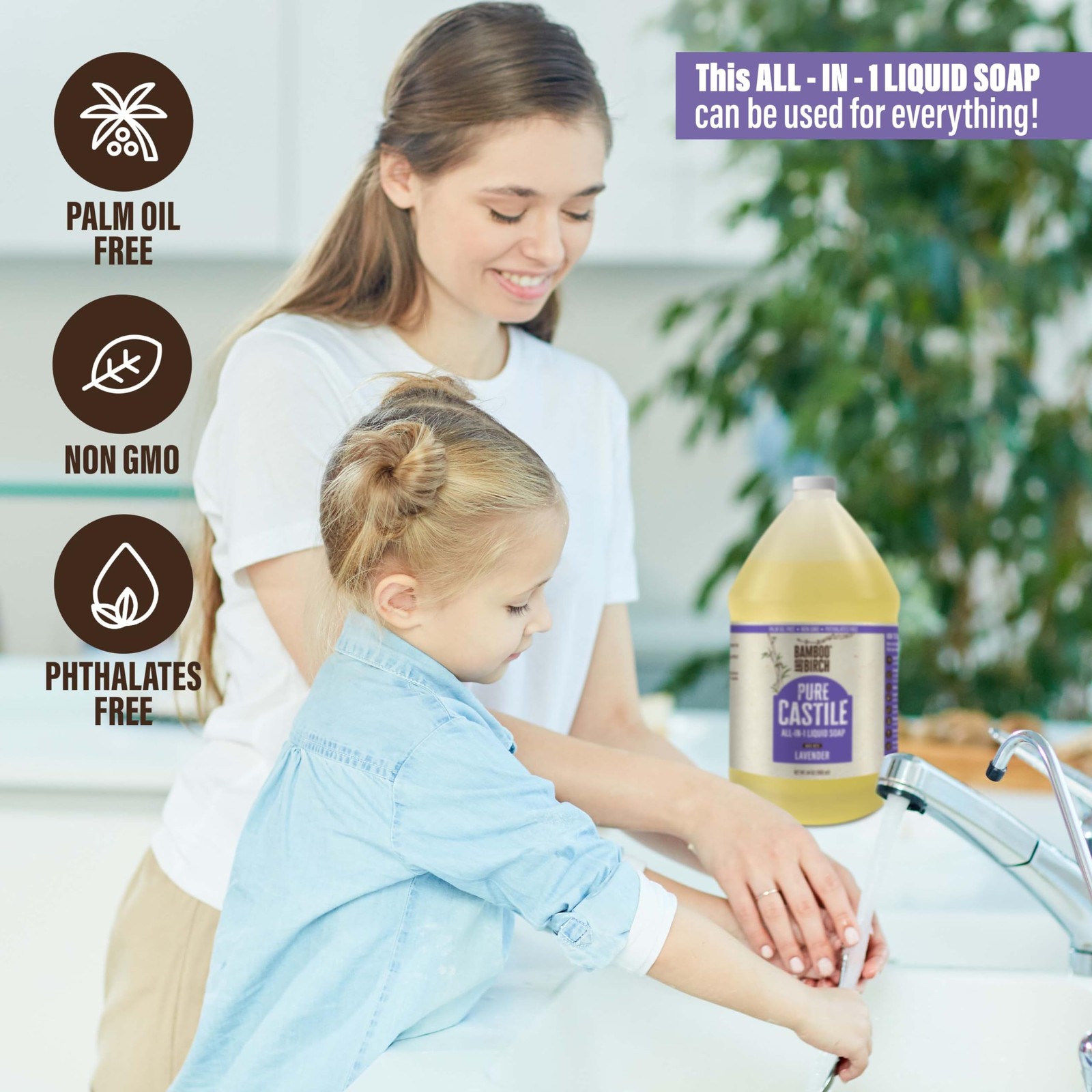 BAMBOO AND BIRCH Pure Castile Soap Liquid, Lavender, 64 64 Fl Oz (Pack of 1)
