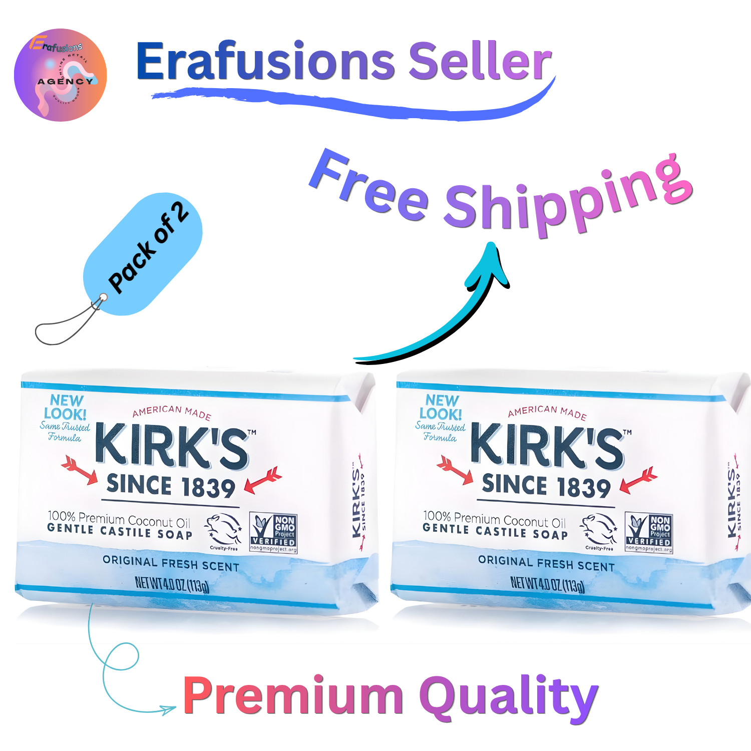 Kirk’s Natural Castile Soap 4oz Bar (2 Pack) Organic Hypoallergenic Sensitive Sk