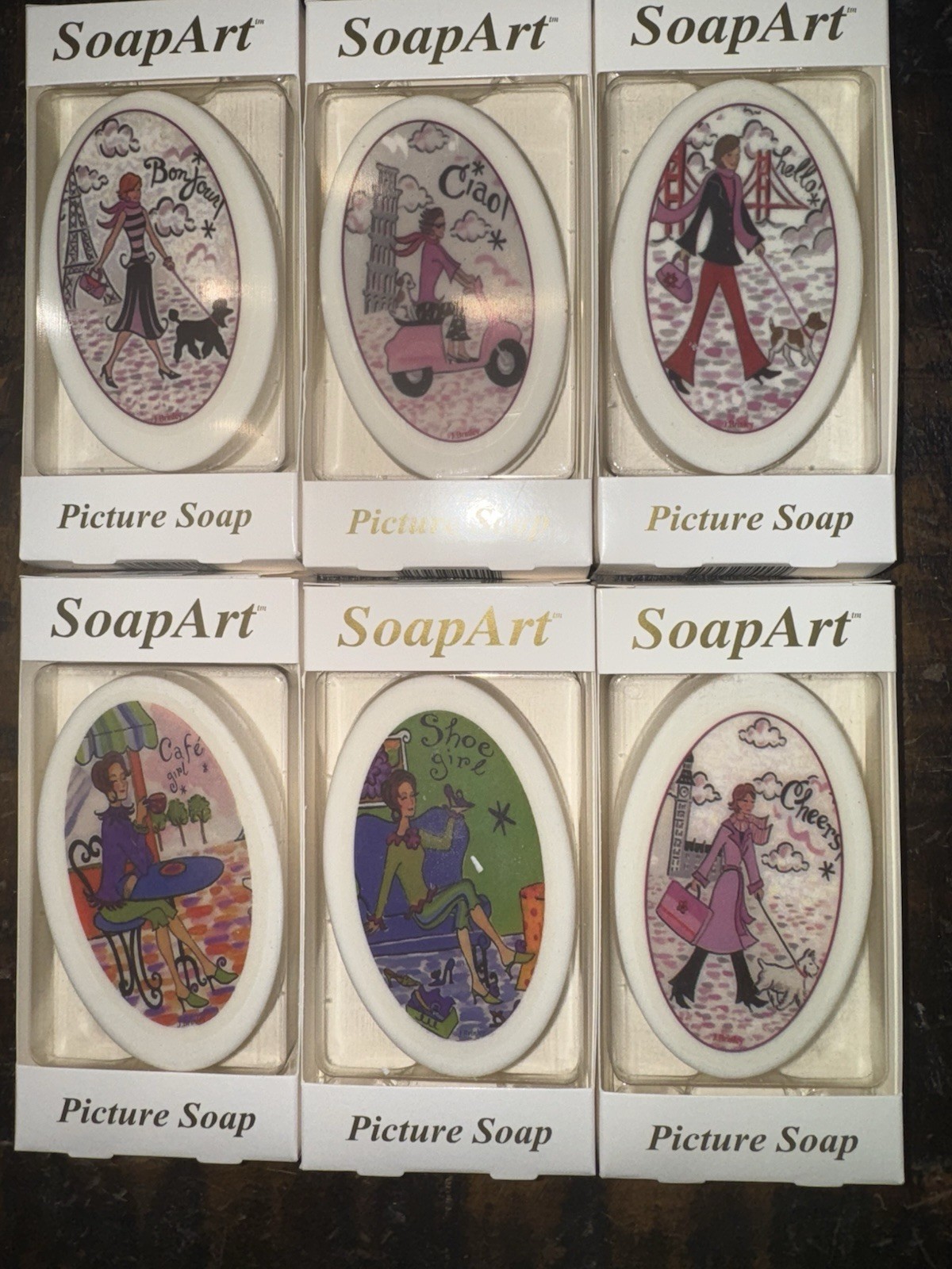 Vintage 6 Piece Soap Art Picture Soaps Paris Bon Jour – 3 oz – NEW!