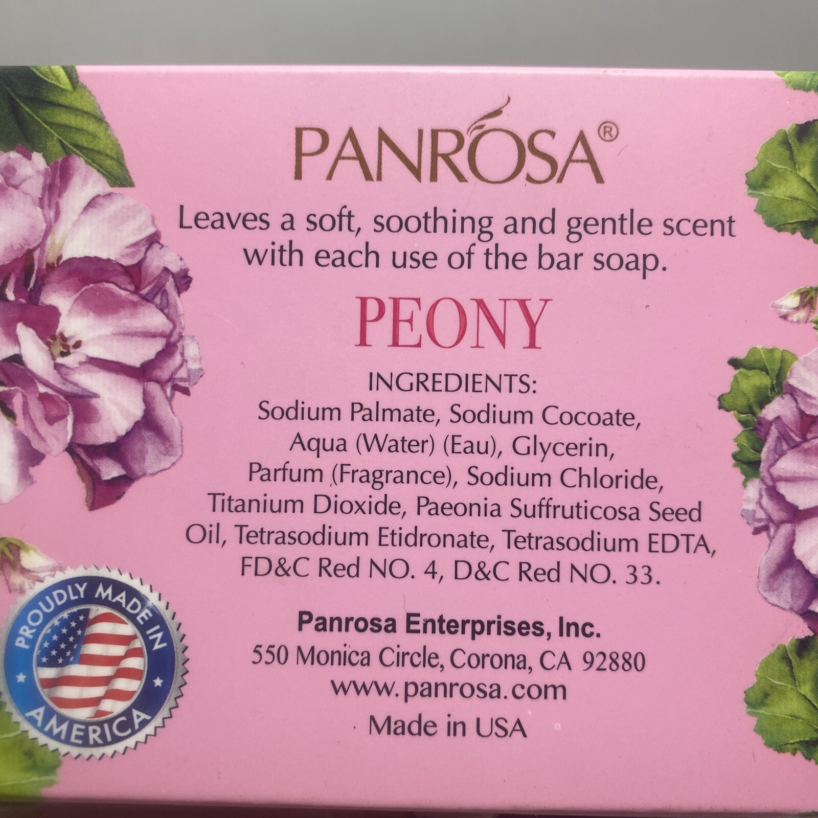 Panrosa Essential Oil Bar Soap Peony Gentle scent Made In USA