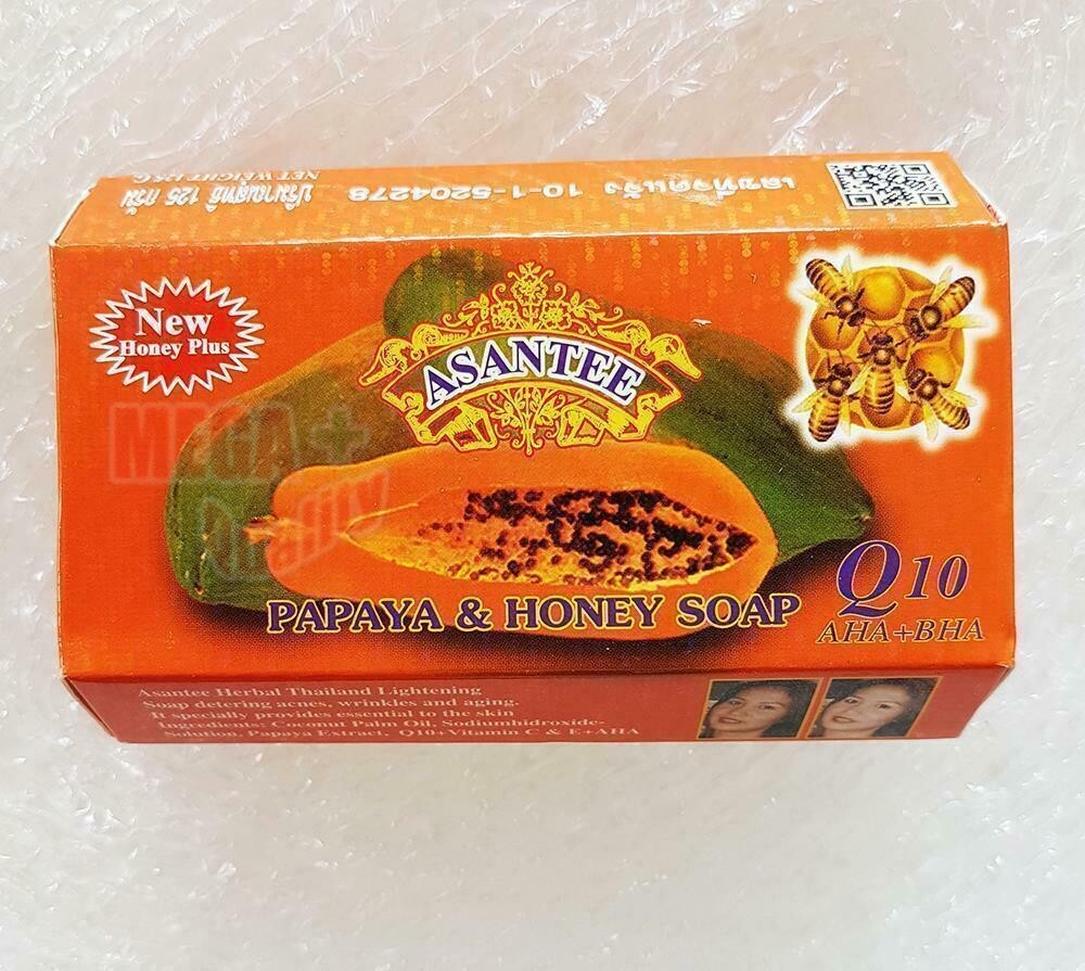 Asantee Papaya+ Honey Soap Thai Herbal with Q10, AHA, BHA Skin Whitening 125g.x2
