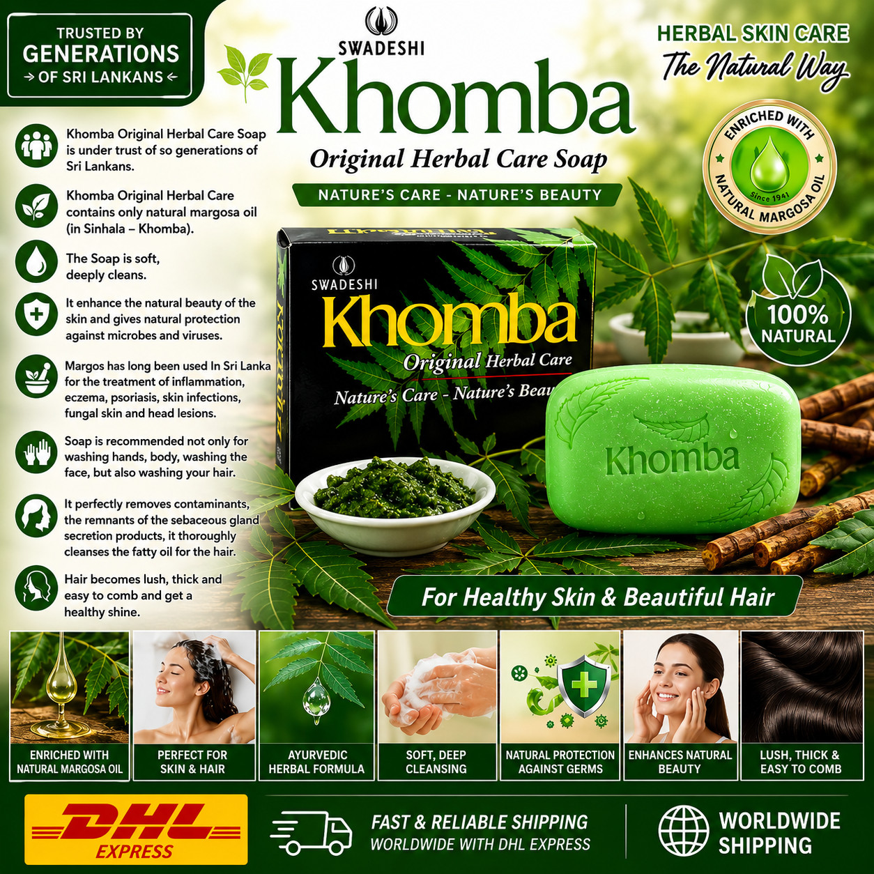 Swadeshi Khomba Neem Herbal Soap Natural Ayurvedic Skin Care Sri Lanka