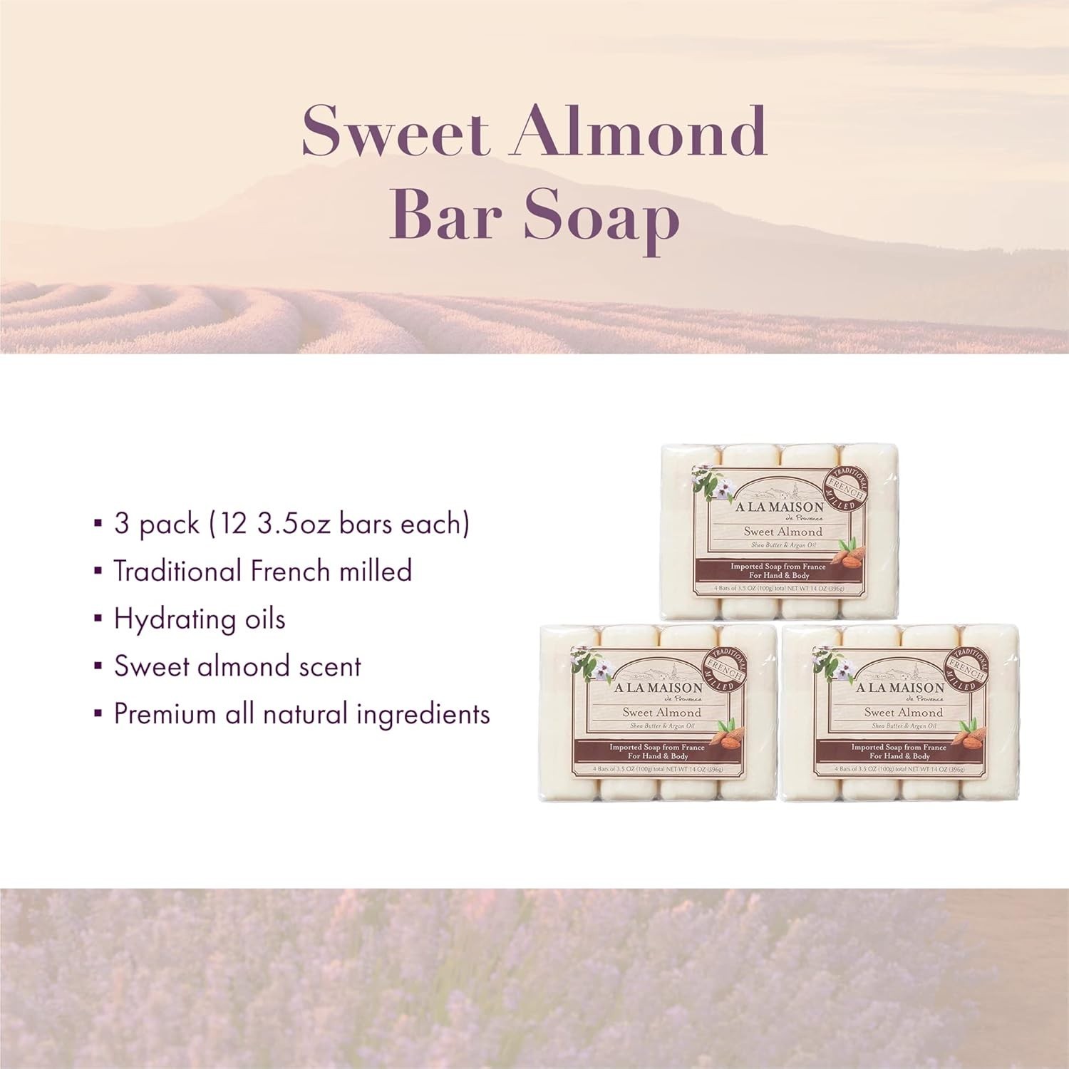 A LA MAISON Sweet Almond Bar Soap – 6 PACK – (24Bars of Soap)
