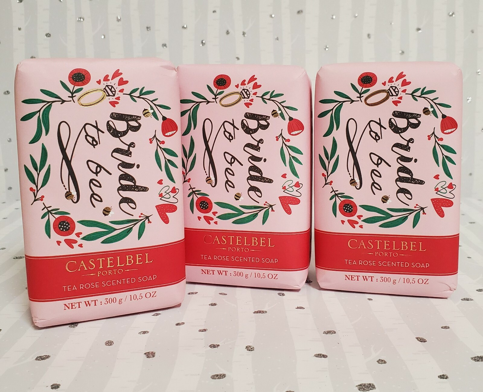 Castelbel Porto Tea Rose Scented Soap Bride To Bee Theme 3 Bars 10.5 oz Each