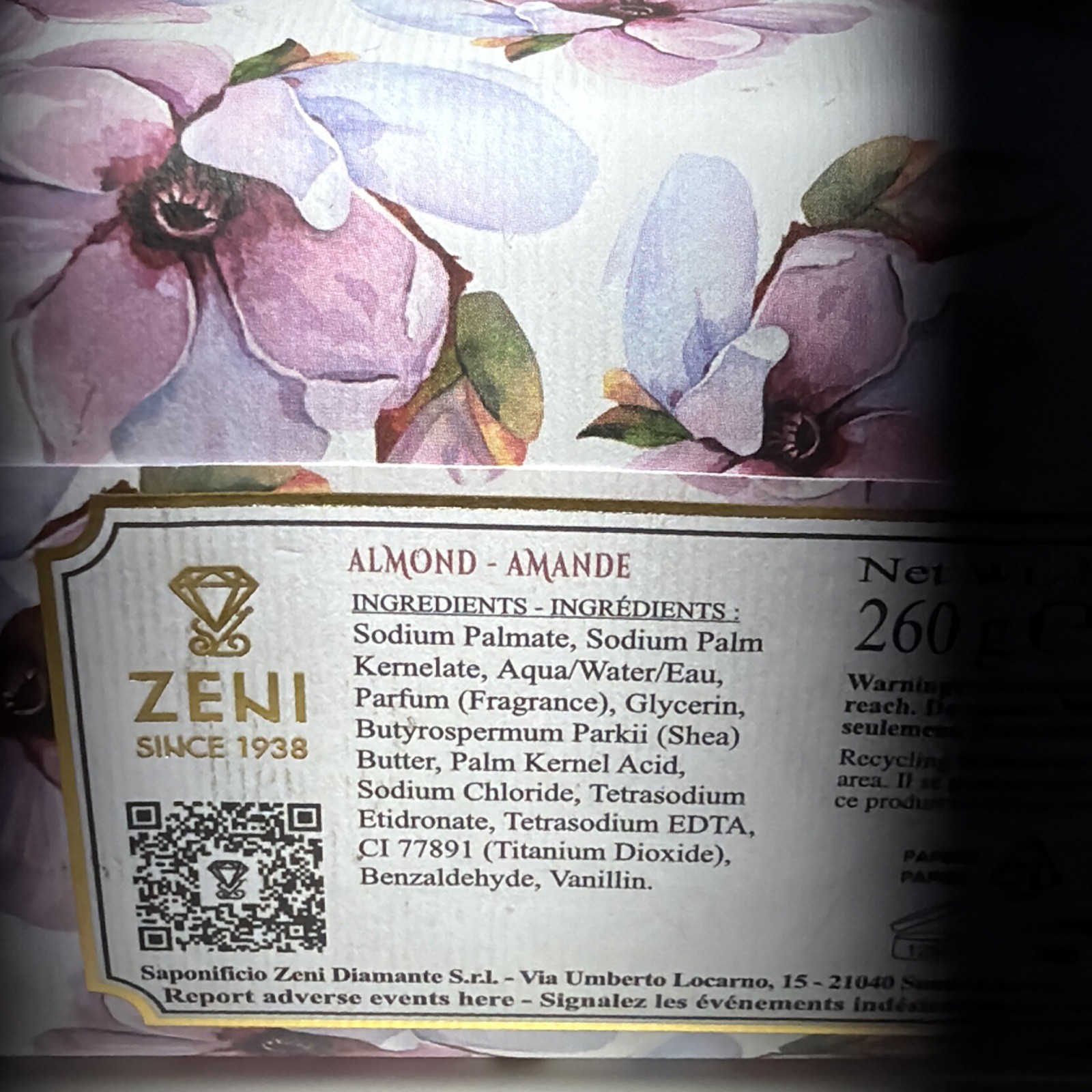 ZENI DIAMANTE ALMOND FINE TRIPLE MILLED SOAP BAR MADE IN ITALY 9.1 OZ.