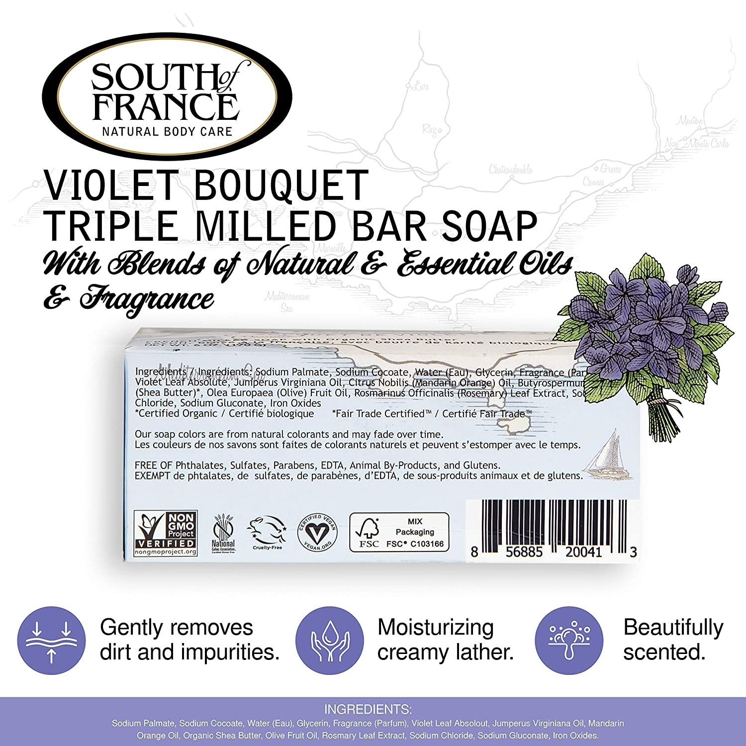 South of France Natural Body Care Violet Bouquet French Milled Soap 6 Oz