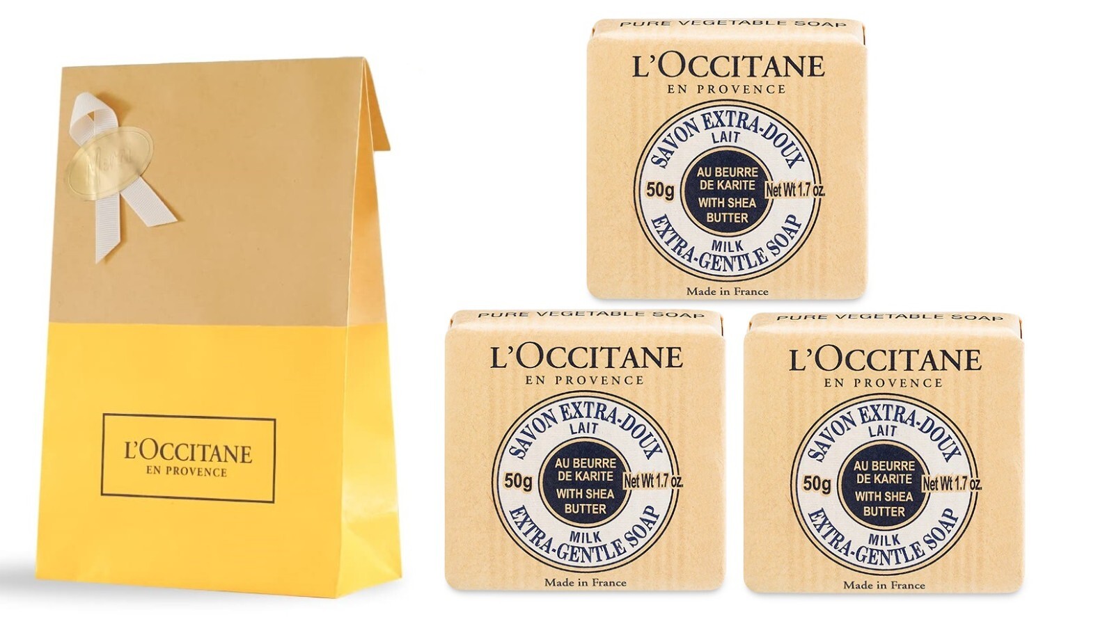3 PC L’Occitane Extra Gentle Milk Soap with Shea Butter 3 X 1.7 oz. New in Bag