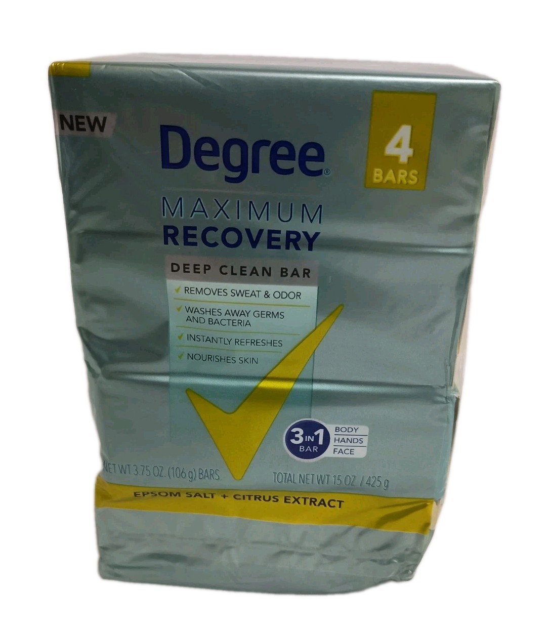4 Bars Degree Maximum Recovery Epsom Salt + Citrus Extract Soap 3.75 Oz. Damaged