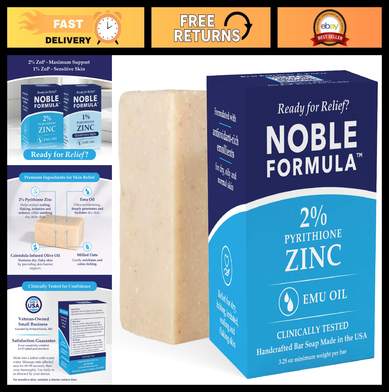 2% Pyrithione Zinc Soap Bar with Emu Oil – Face, Body, Scalp Cleanser for Dry, I