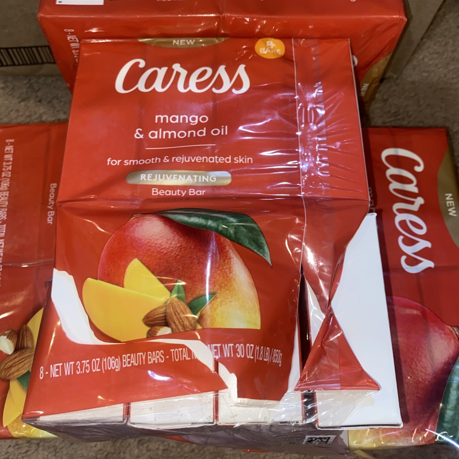 8 Bars Caress Soap Mango & Almond Oil REJUVENATING Beauty Bars 3.75 Open Pkg