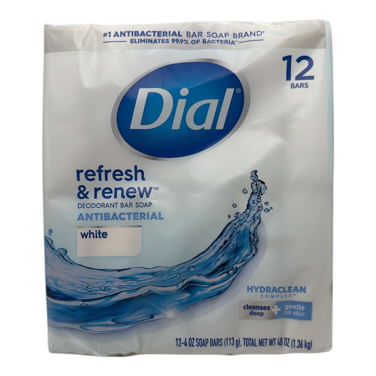 Dial Antibacterial Bar Soap, Refresh & Renew, White, 4 oz, 12 Bars NEW