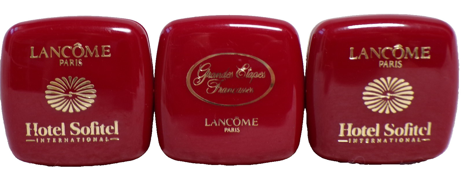 3 NEW LANCOME MINI HAND SOAP TRAVEL SIZE BARS + PLASTIC HOTEL SOFITEL HARD CASES