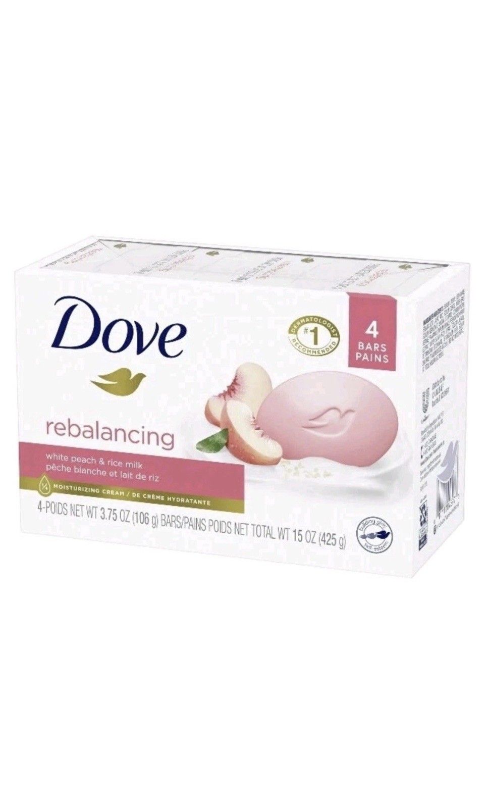 NEW! DOVE (4-BARS) 3.75 Oz. REBALANCING White Peach/Rice Milk Beauty Bars.