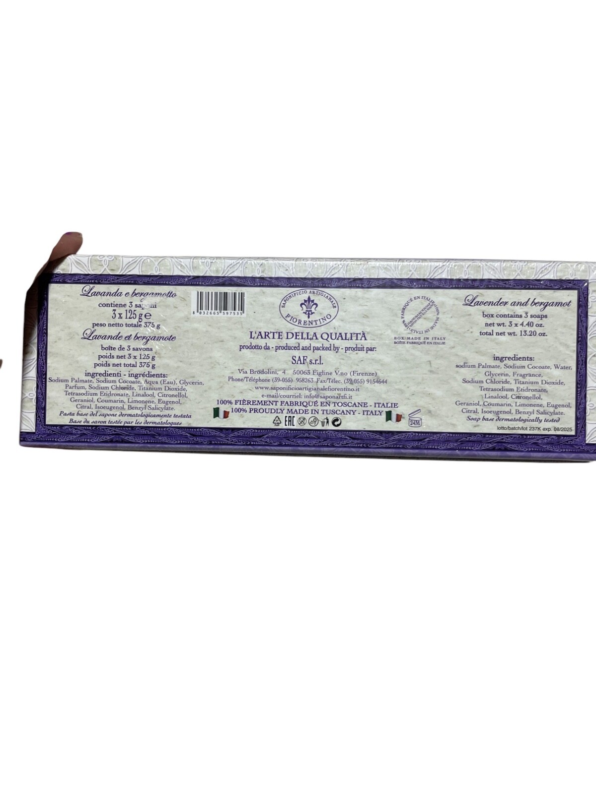 SAPONIFICIO ARTIGIANALE FIORENTINO Soap Lavender Bergamot 4.40 oz New Sealed