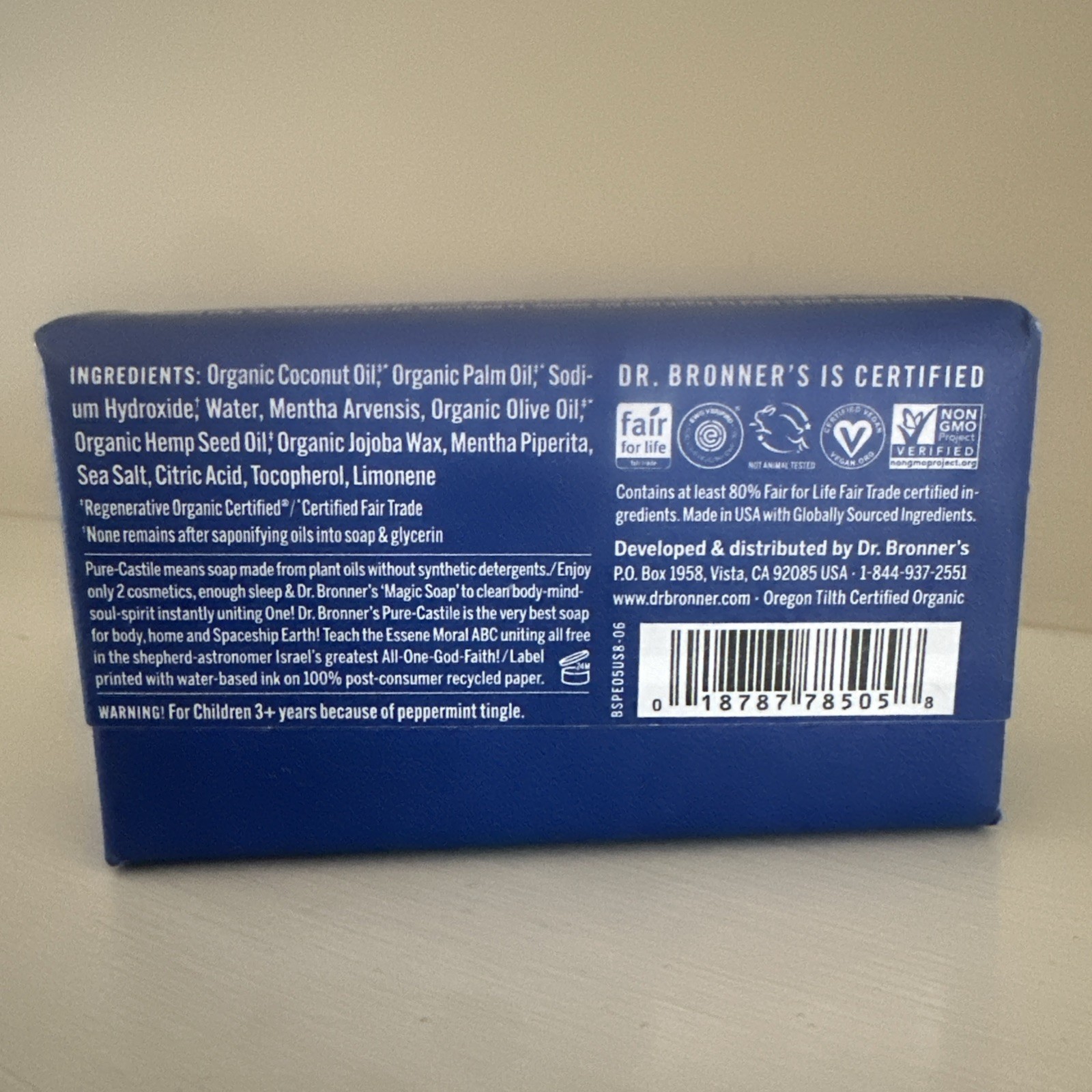 Dr. Bronners Pure-Castile Bar Soap Peppermint Hemp 5 oz Fair-Trade