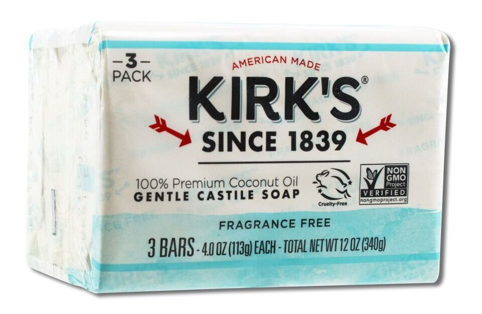 15x Kirk’s Original Coco Castile Soap Fragrance Free 4 oz, 15 Total Bars