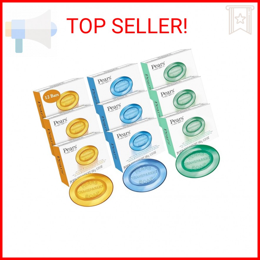 Pears Glycerin Soap Variety 12-Pack – Transparent Amber, Blue & Green Bars for S