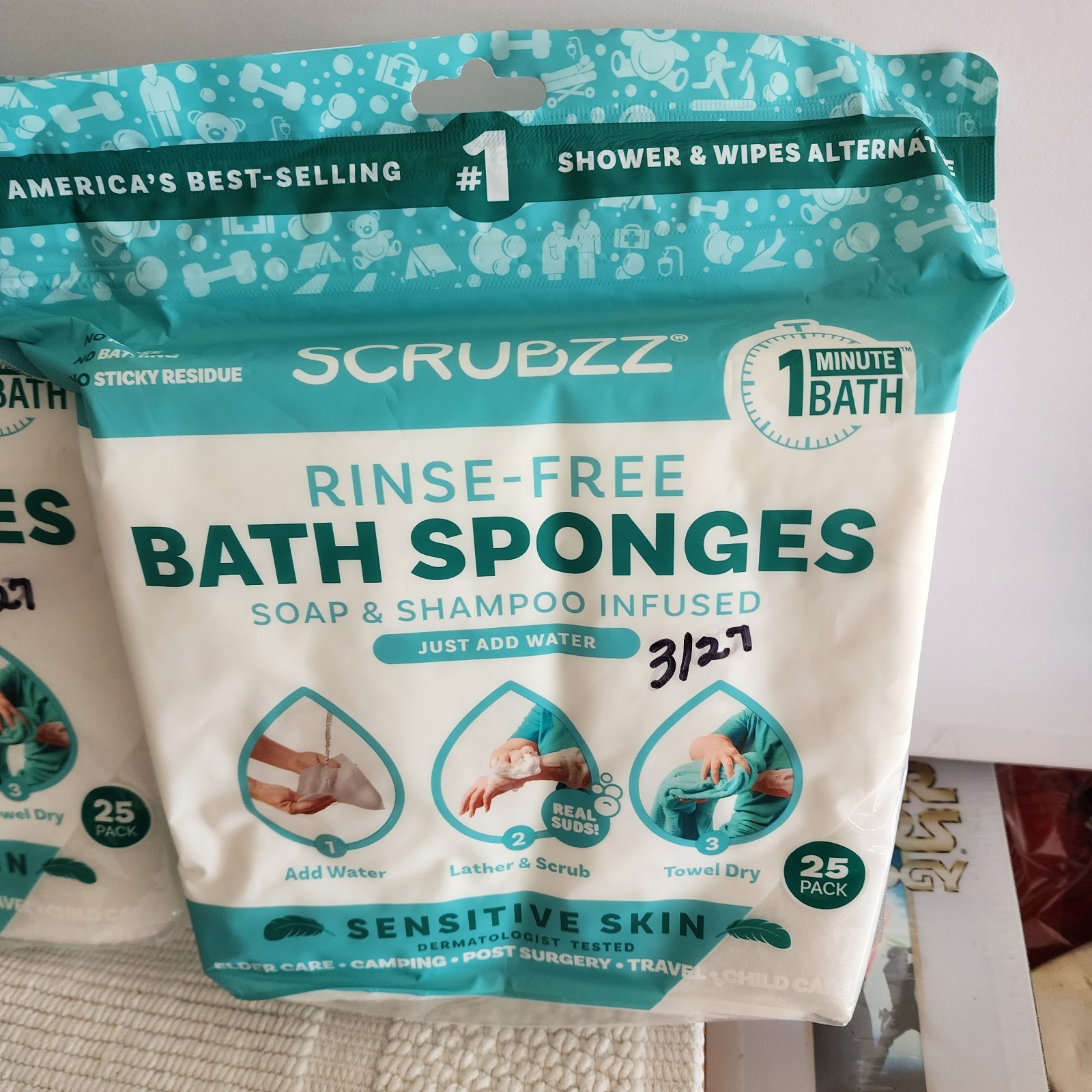 Scrubzz Rinse Free Bath Sponges for Senstive Skin 2 – 25ct Packs