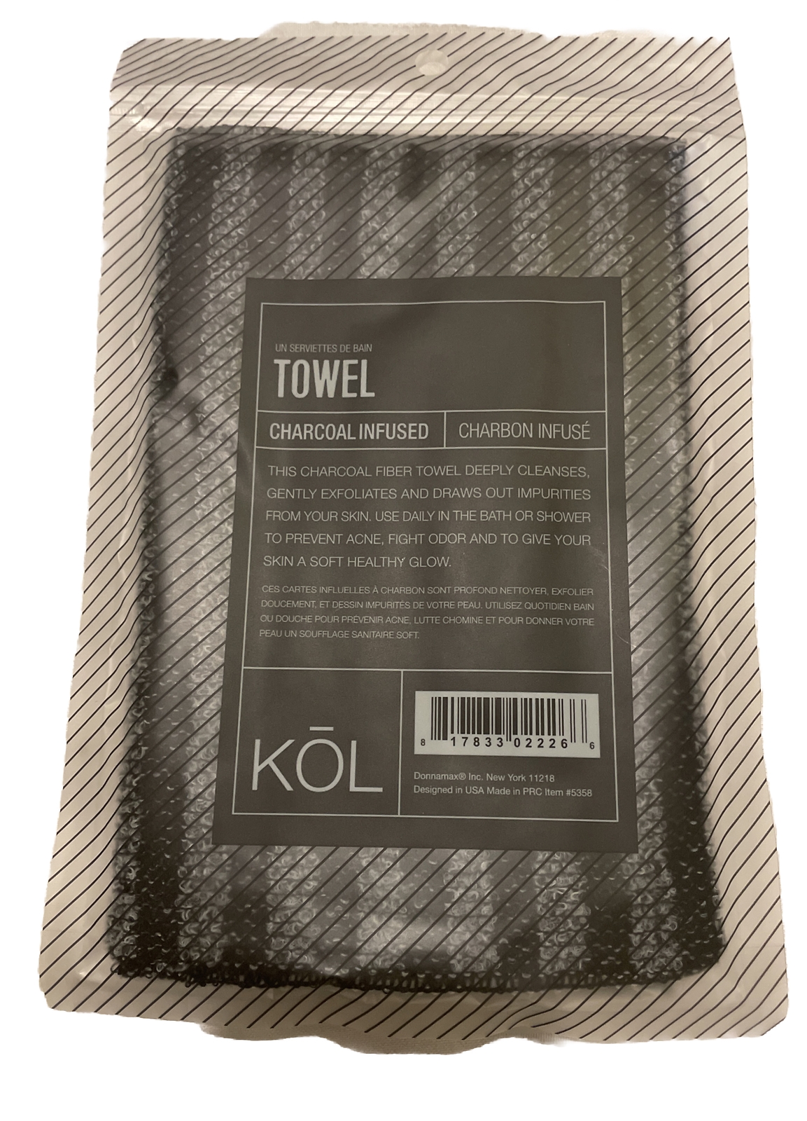 Donnamax KOL Charcoal Infused Towel 36″x9″ Black/Gray Striped (NEW)