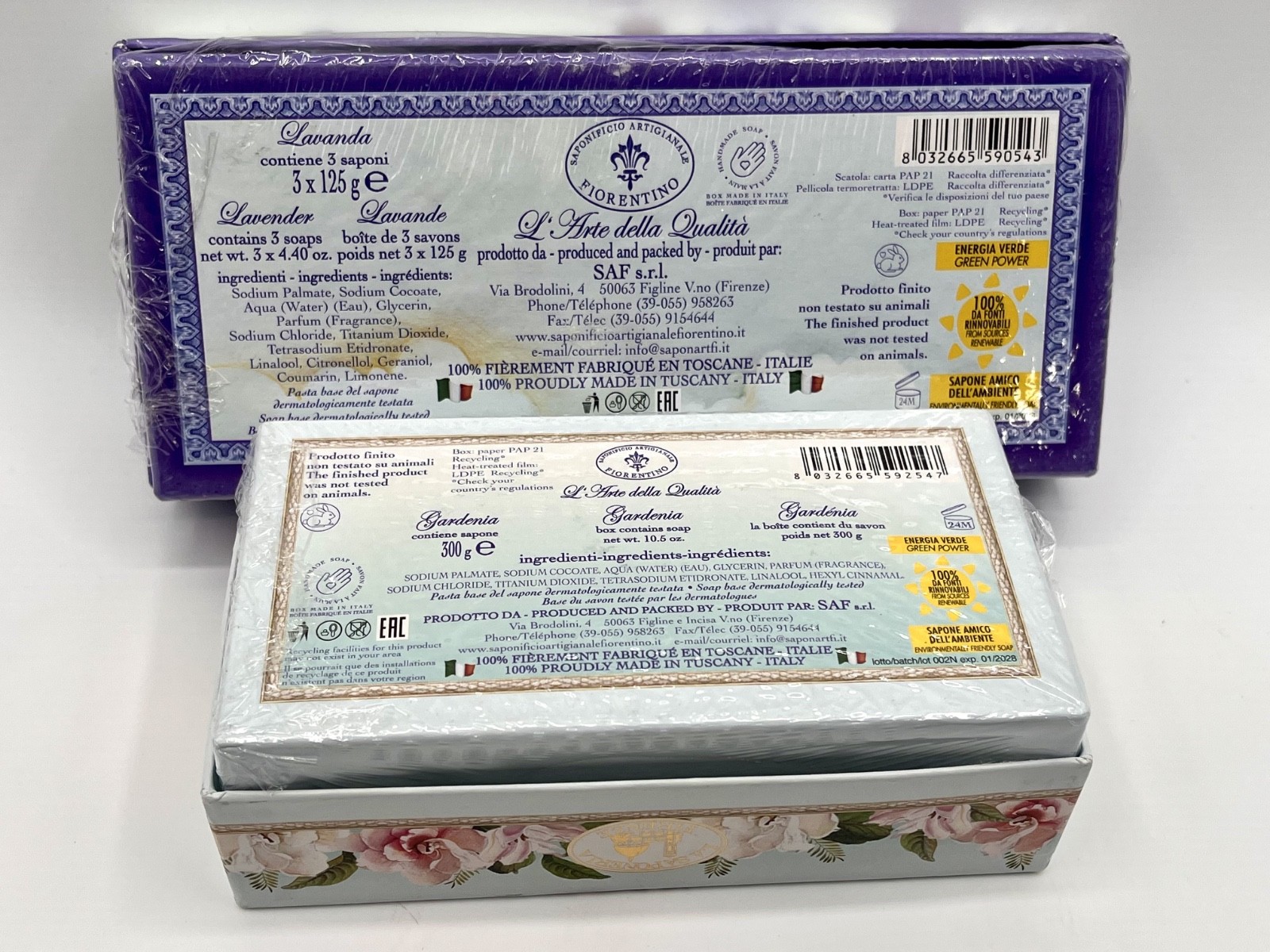 2-LA SAPONERIA FIRENZE SCENTED SOAP SETS-GARDENIA GIFTBOX/LAVENDER GIFT BOX OF 3