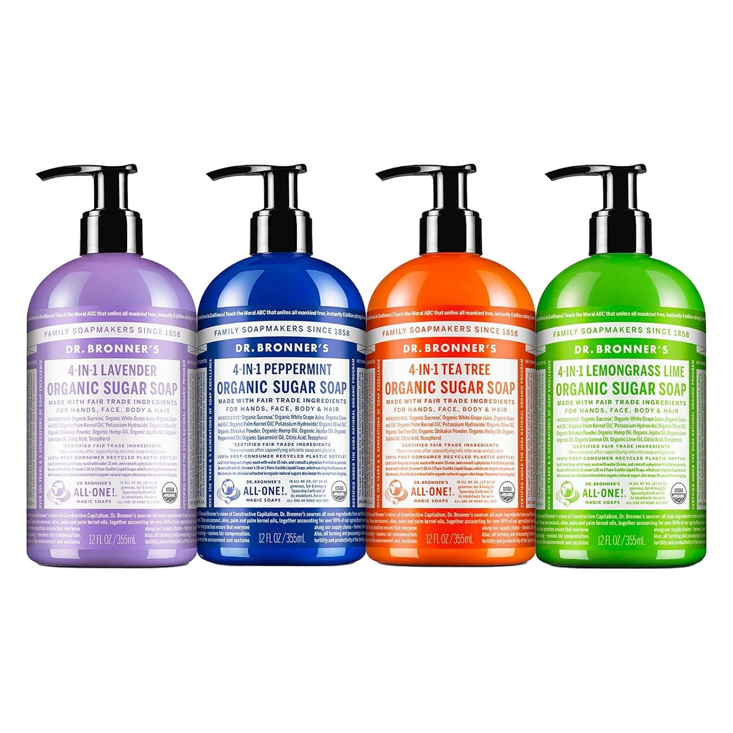 Dr. Bronner’s Organic Sugar Soap 12oz Variety Pack (4 Pack – LA, PP, TT, LG)