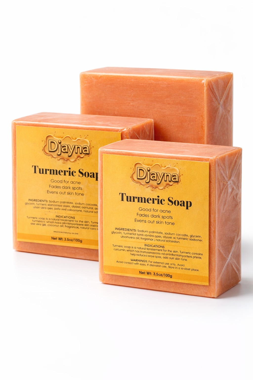 3 Bar djayna Turmeric Soap, 100 grams (3.5oz) Exfoliating for Face and Body