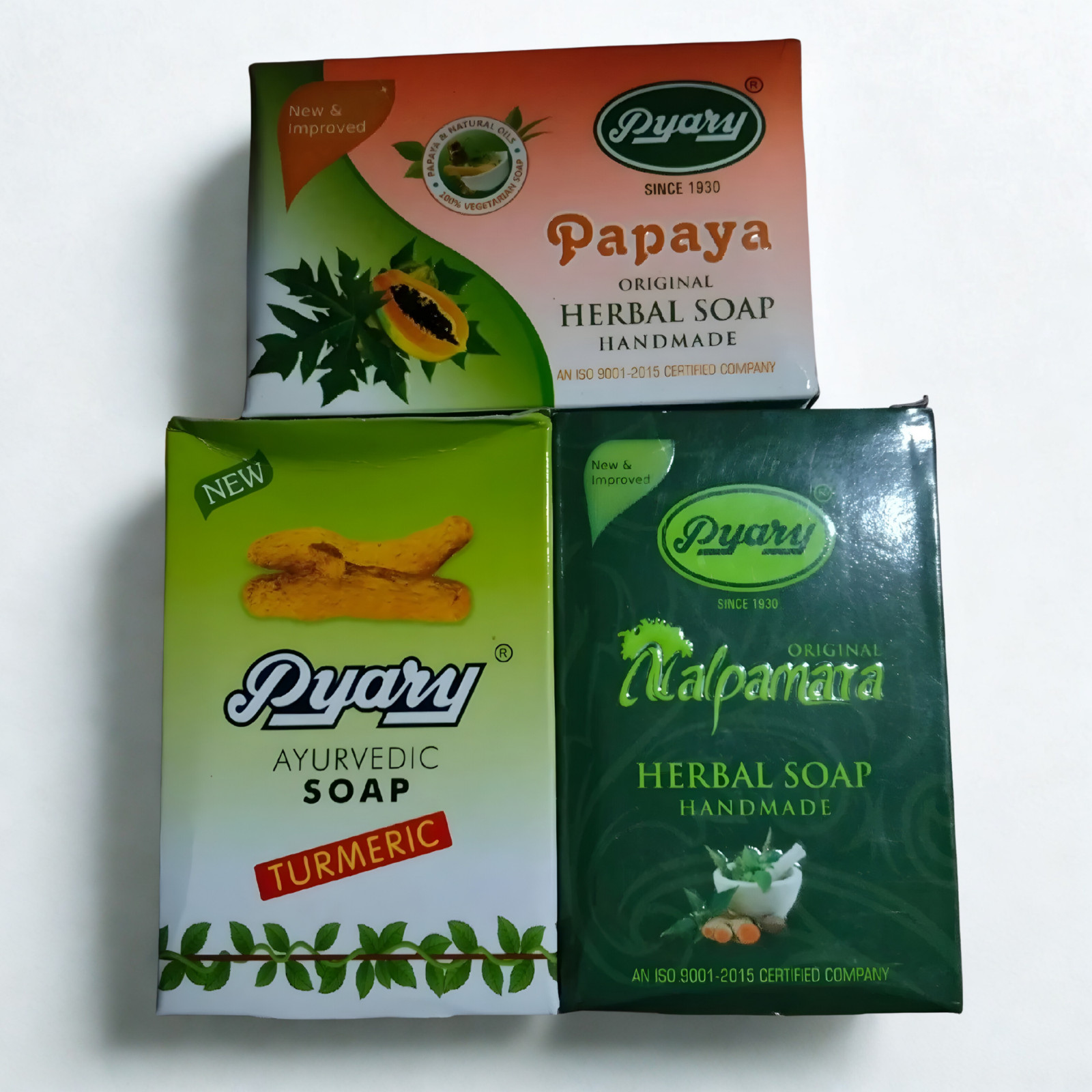 Pyary Herbal Beauty Soap Set of 3 – Turmeric, Nalpamara & Papaya Ayurvedic Bars