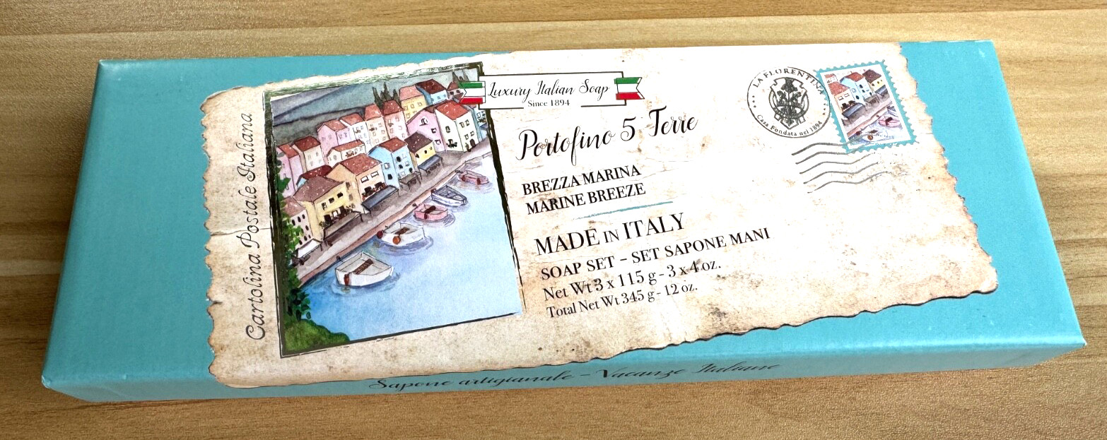 Italian Soaps- Portofino 5 Terre-Marine Breeze-Soap Set of 3 x115g -Made/ Italy